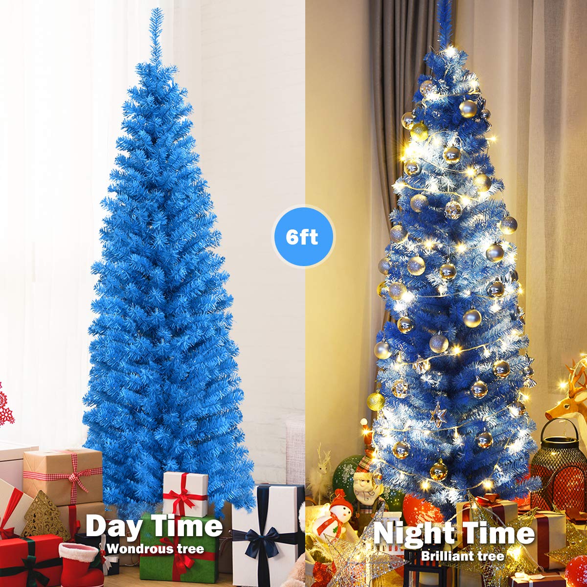 6ft Blue Pencil Christmas Tree, Artificial Slim Tree - Image 3