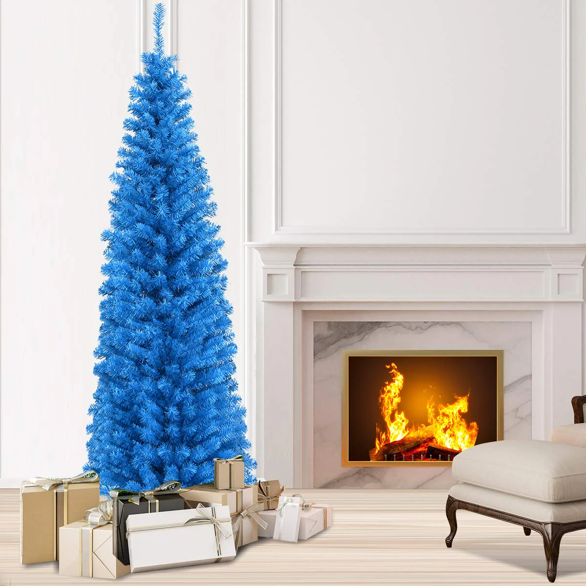 6ft Blue Pencil Christmas Tree, Artificial Slim Tree - Image 5