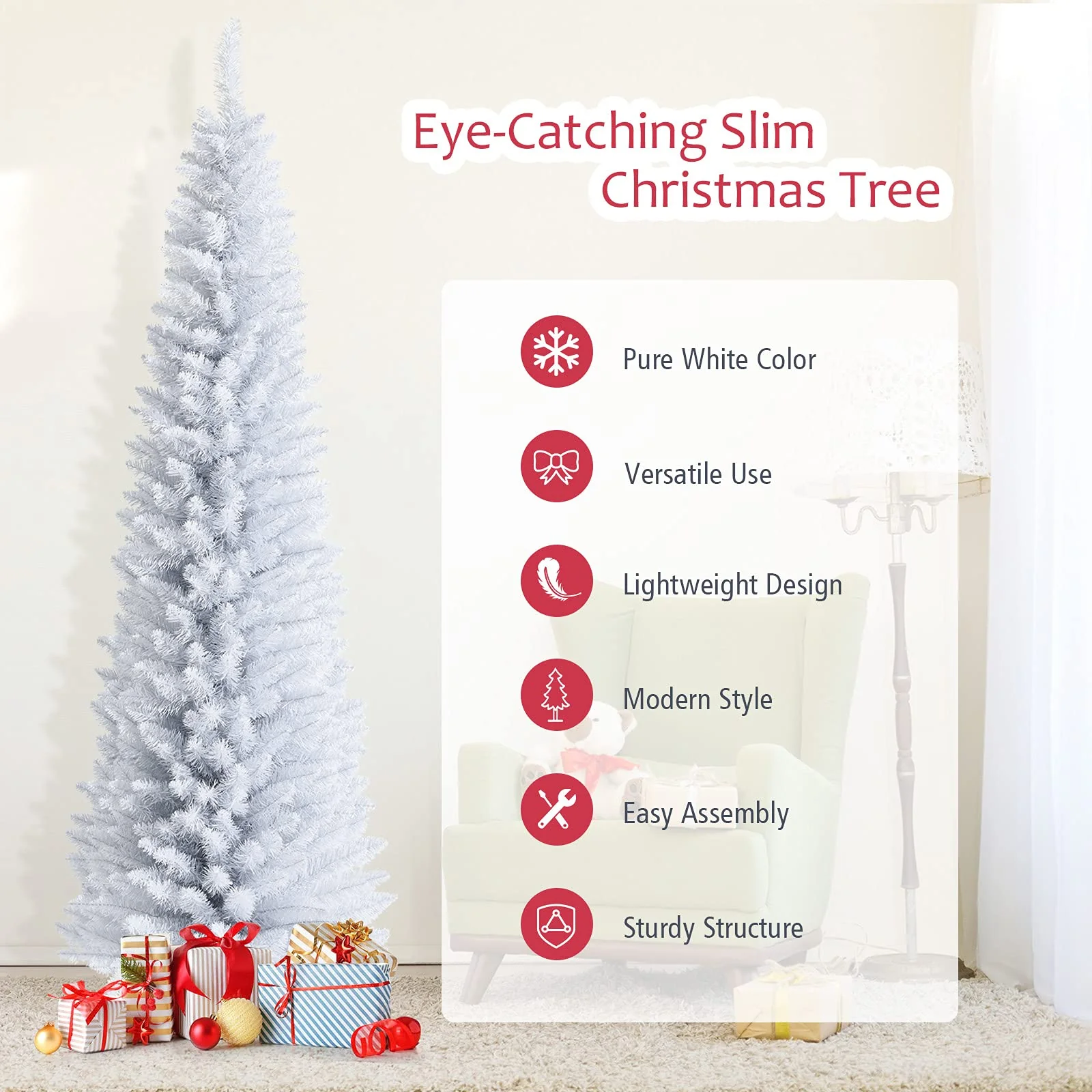 5FT / 6FT / 7FT Pencil Christmas Tree, Artificial Slim White Christmas Tree - Image 3