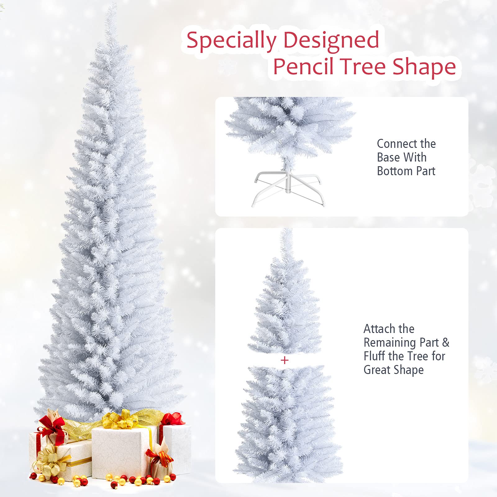 5FT / 6FT / 7FT Pencil Christmas Tree, Artificial Slim White Christmas Tree - Image 4