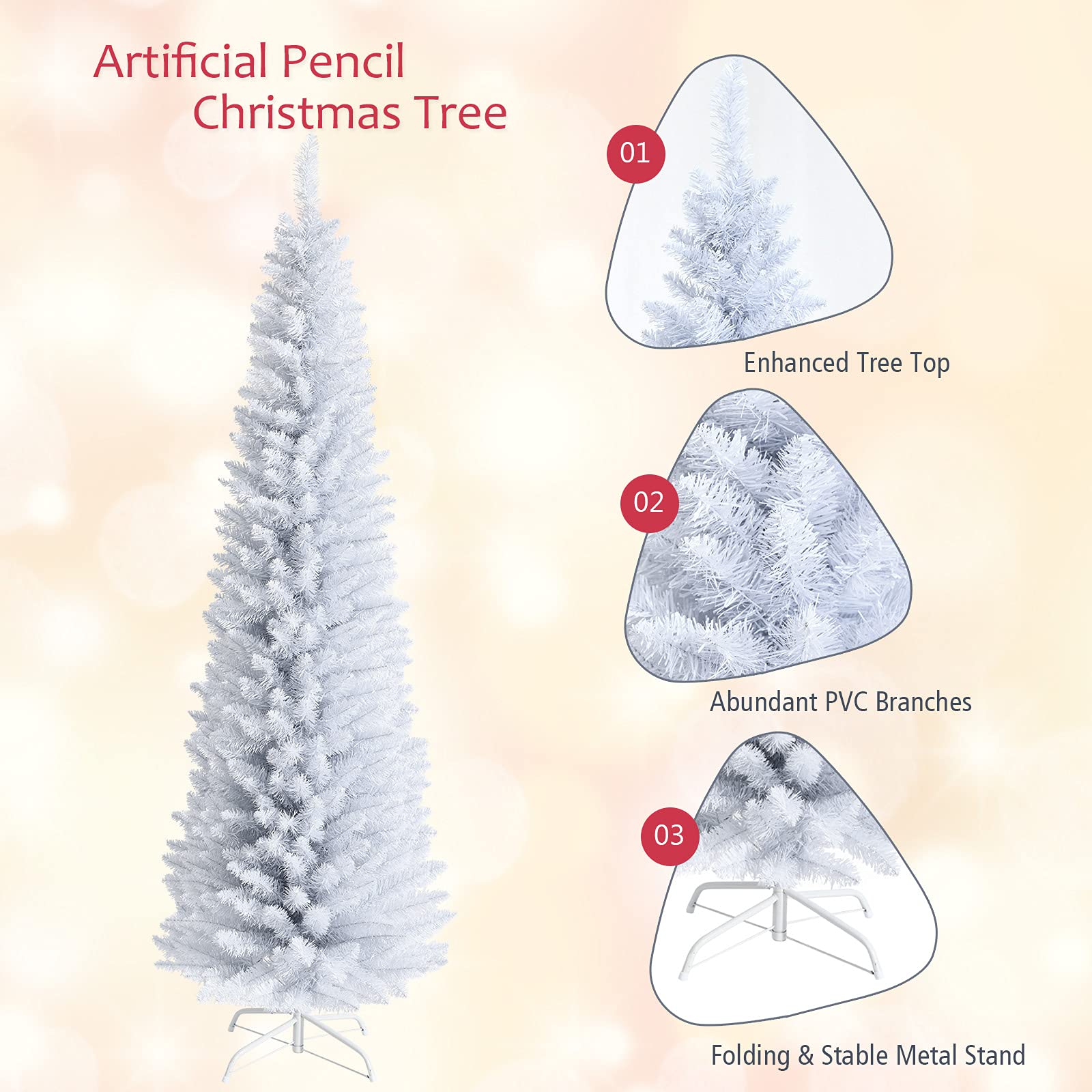 5FT / 6FT / 7FT Pencil Christmas Tree, Artificial Slim White Christmas Tree - Image 6