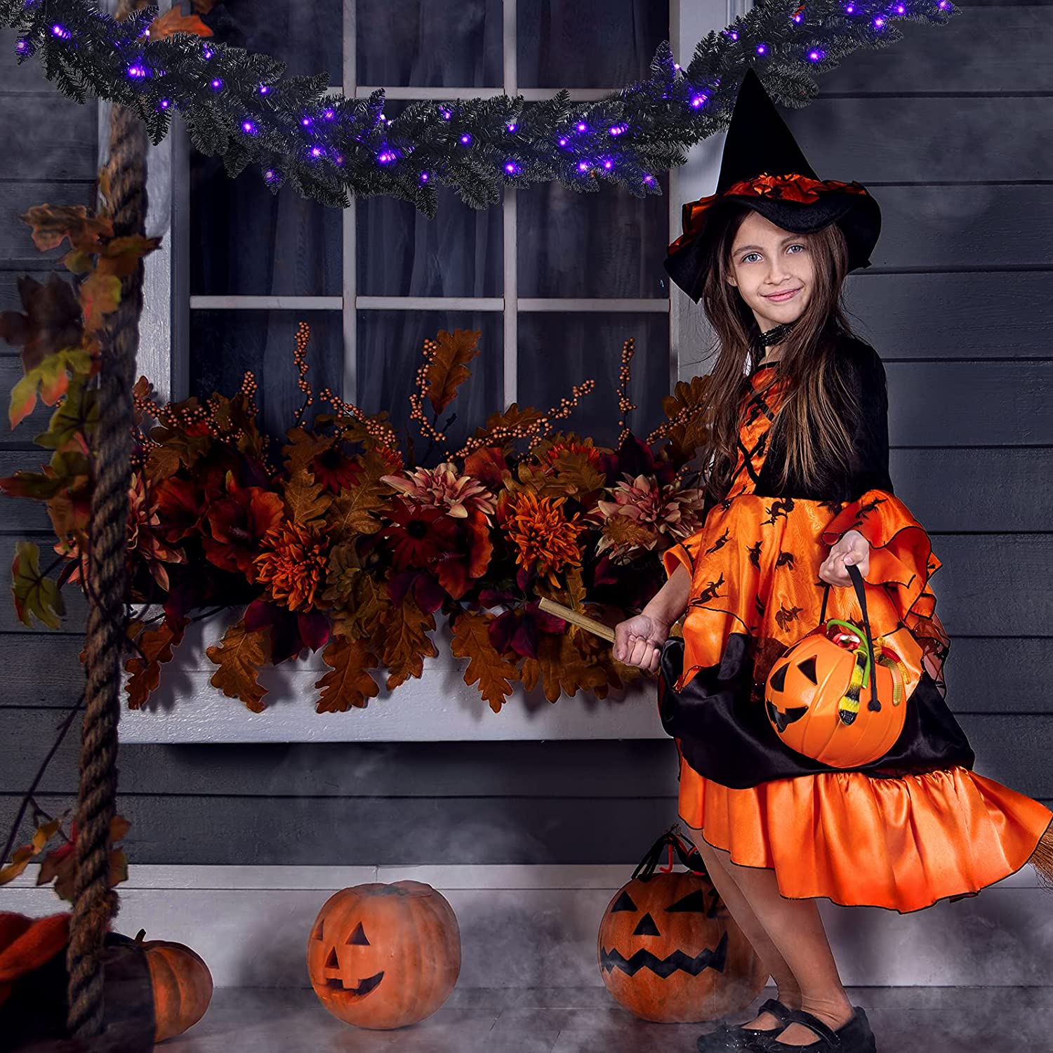 9FT Black Halloween Garland with Lights - Image 3