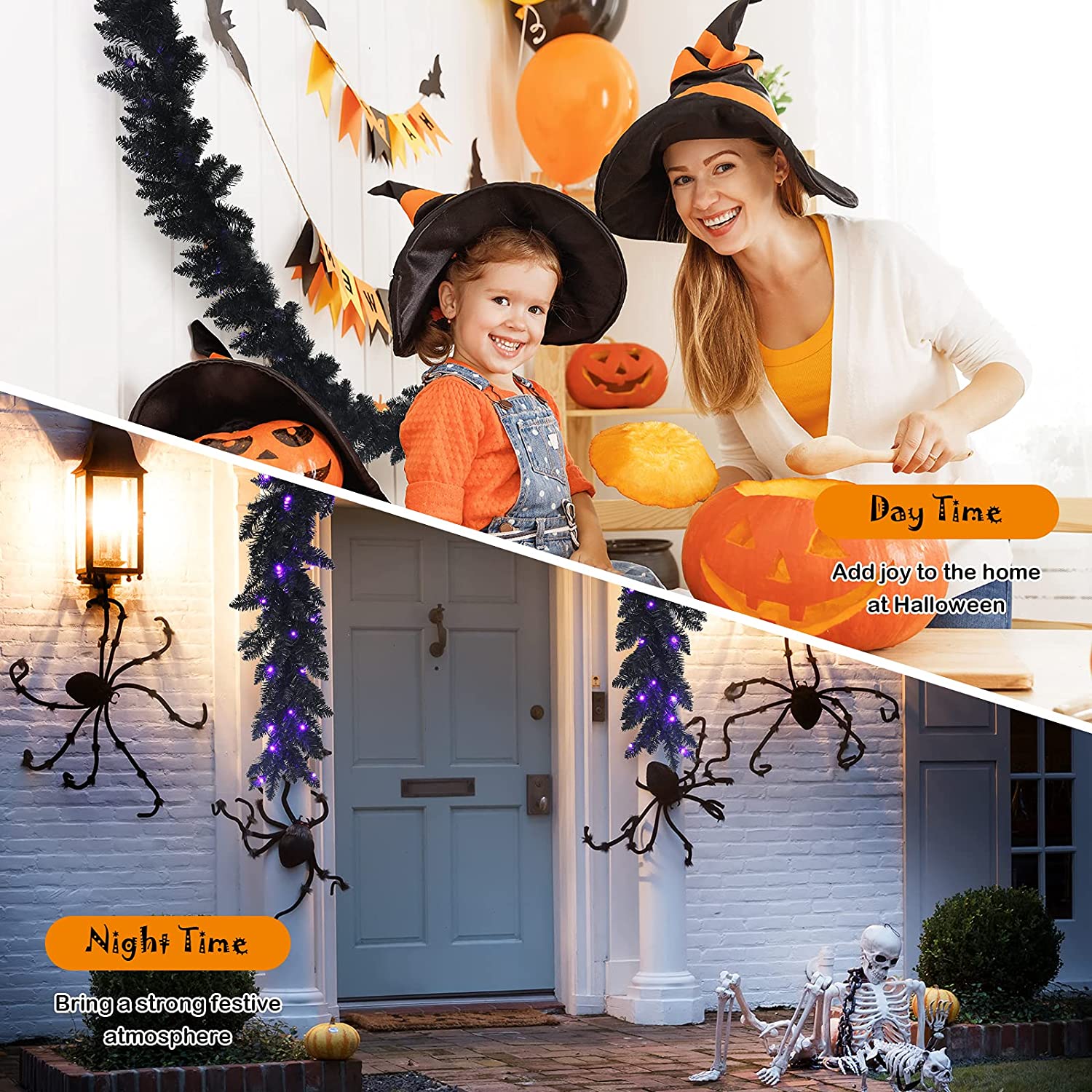 9FT Black Halloween Garland with Lights - Image 5