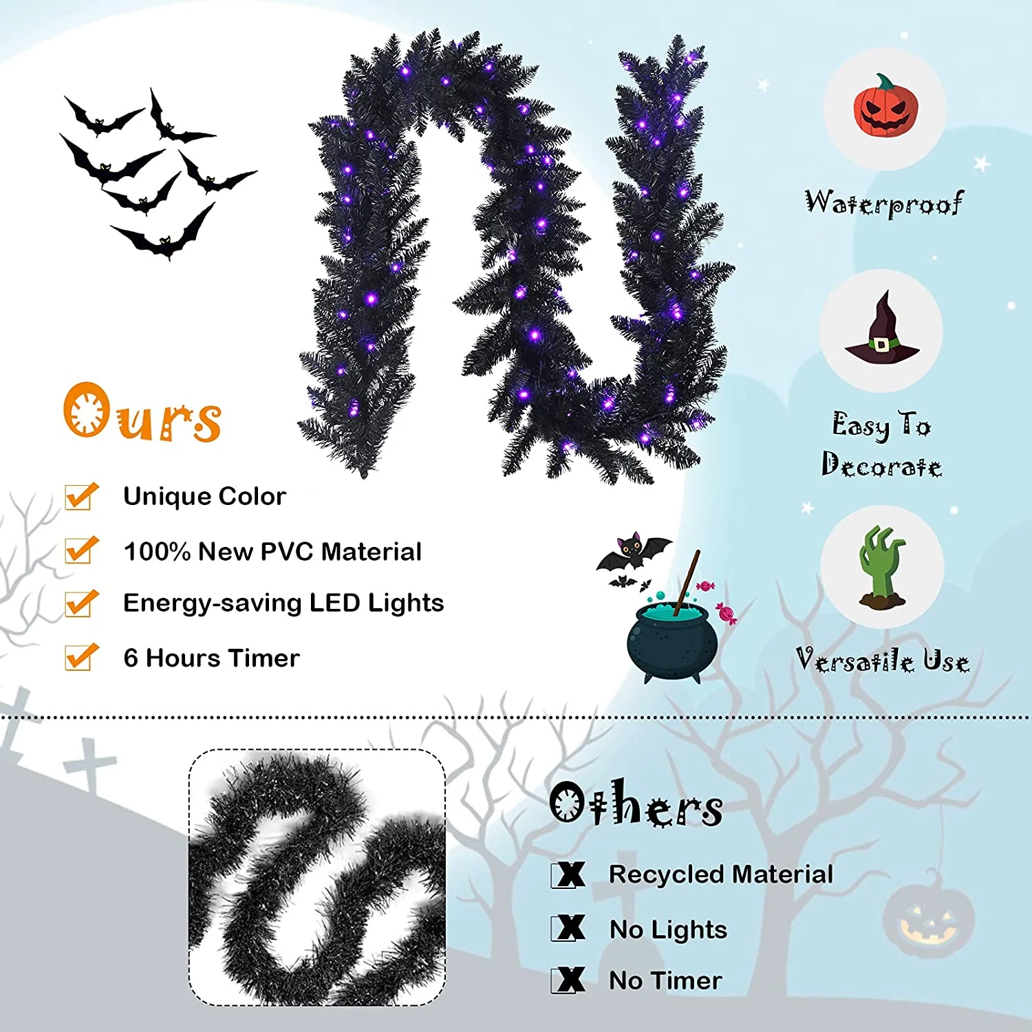 9FT Black Halloween Garland with Lights - Image 6