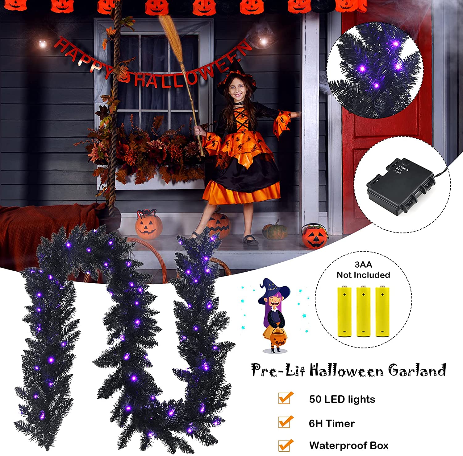 9FT Black Halloween Garland with Lights - Image 7