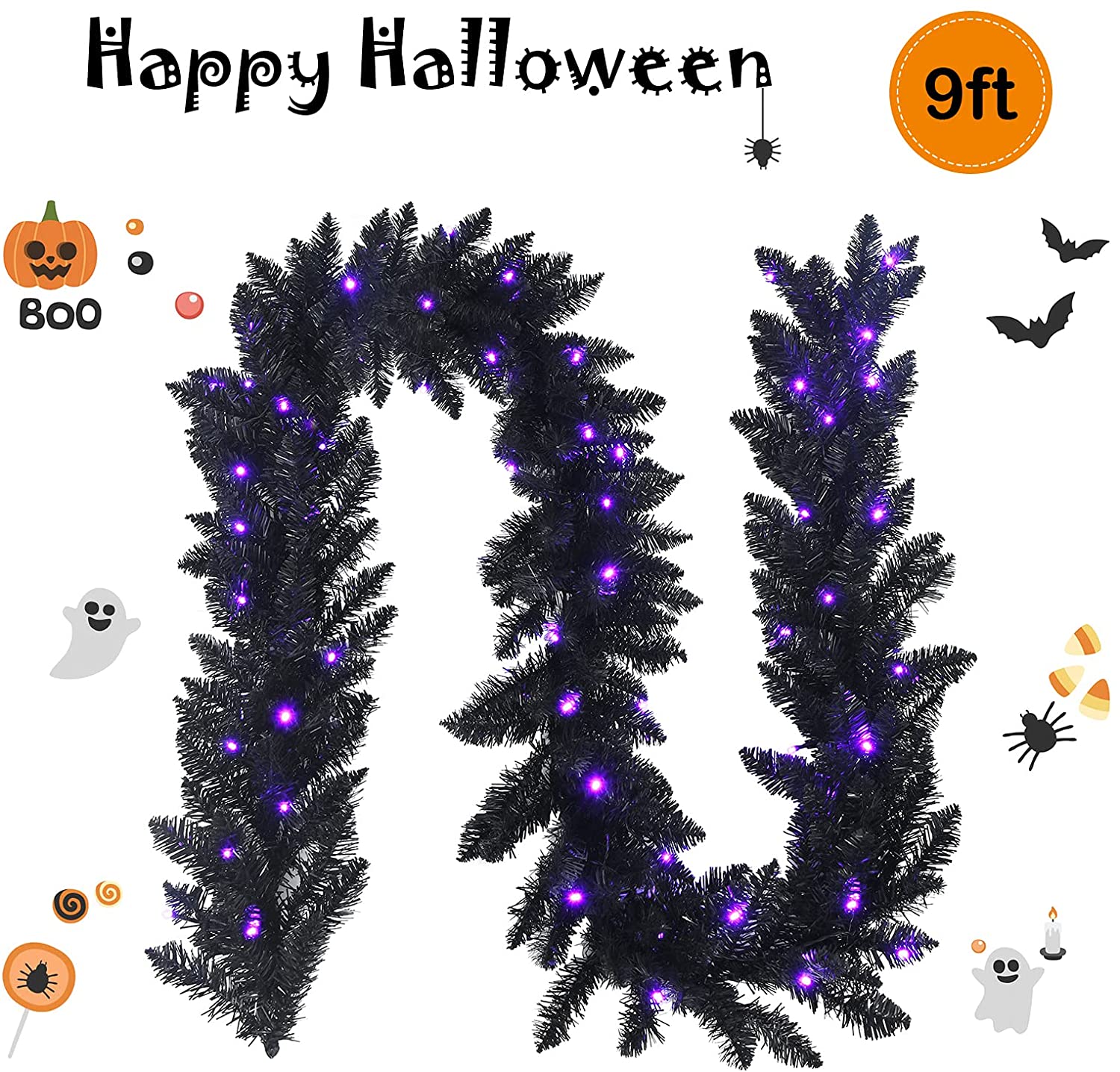 9FT Black Halloween Garland with Lights - Image 8
