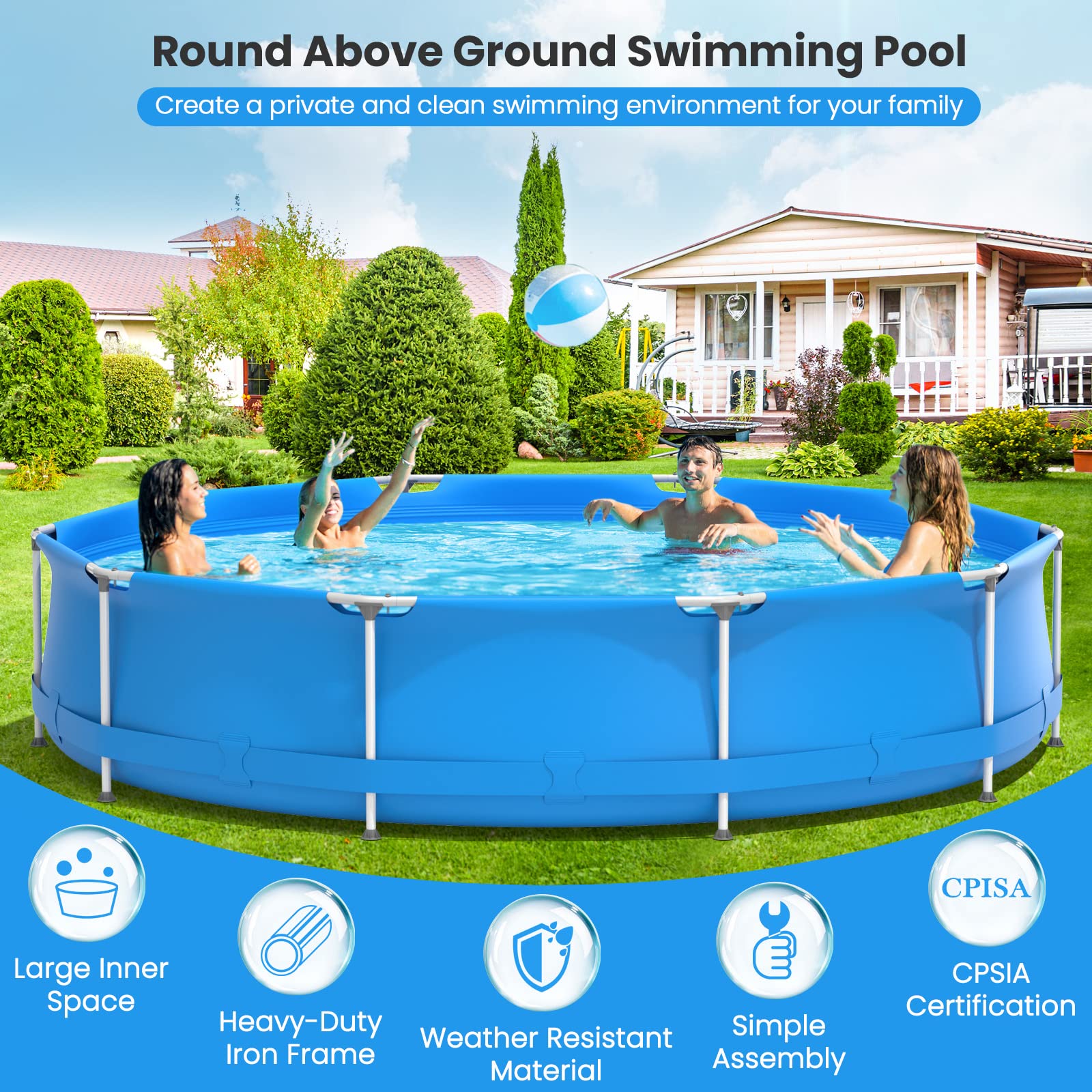 Above Ground Swimming Pool, 12ft x 12ft x 30inch Outdoor Steel Frame Pool - Image 4