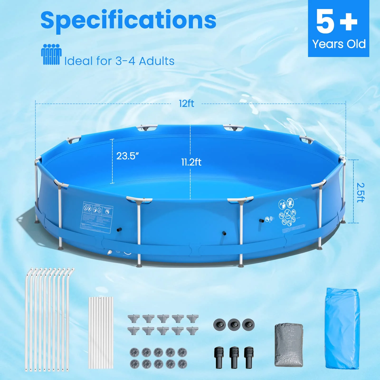 Above Ground Swimming Pool, 12ft x 12ft x 30inch Outdoor Steel Frame Pool - Image 7