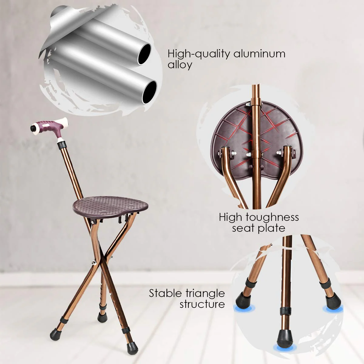Adjustable Folding Cane Seat, Aluminum Alloy Crutch Chair with LED Light and Retractable 3 Legs - Image 3