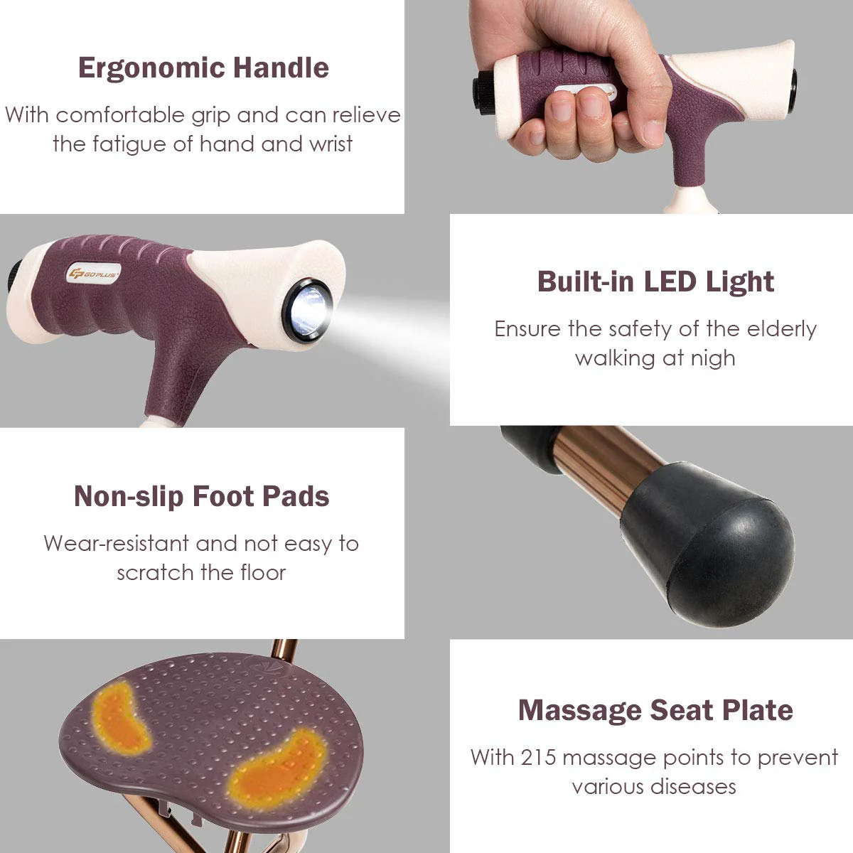 Adjustable Folding Cane Seat, Aluminum Alloy Crutch Chair with LED Light and Retractable 3 Legs - Image 6