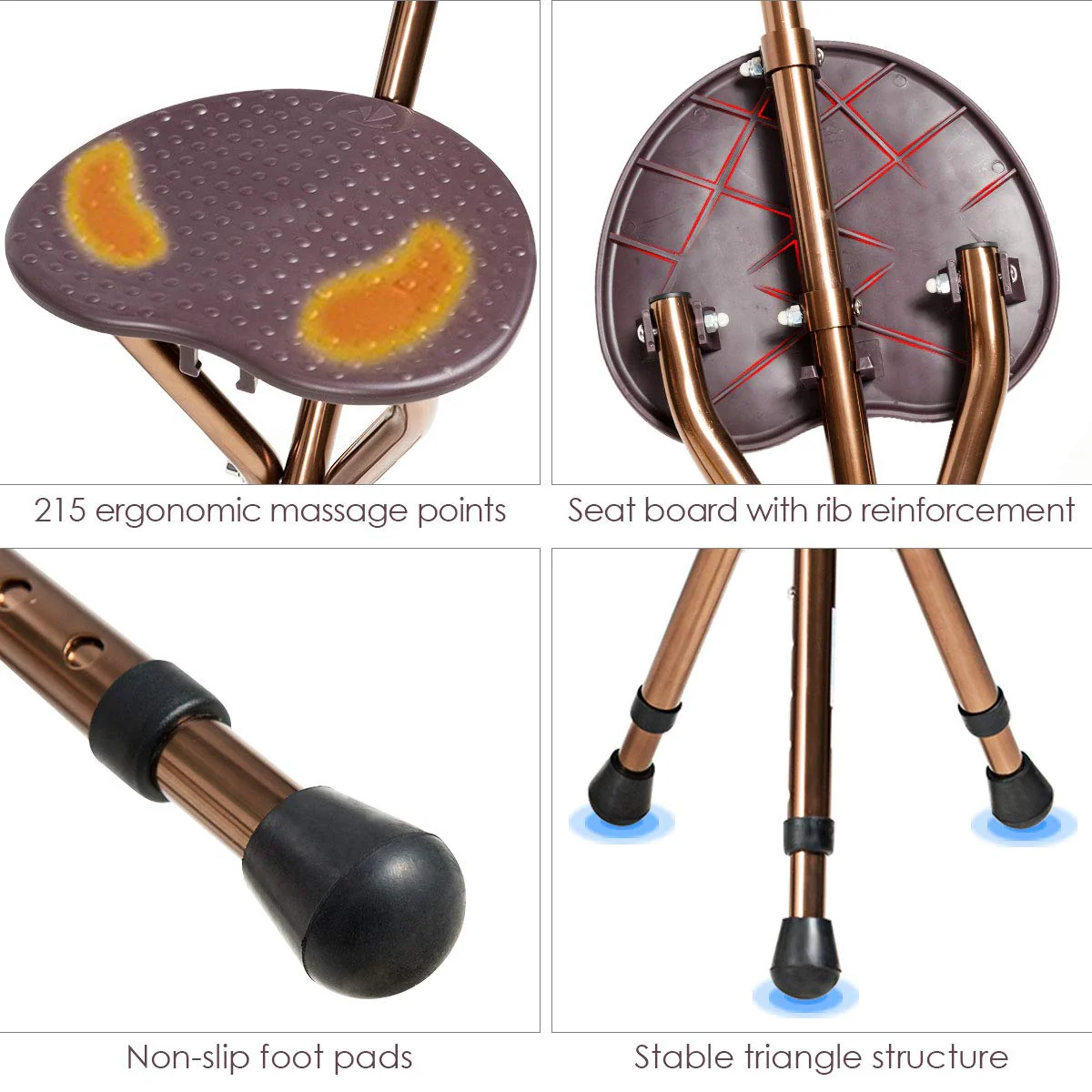Adjustable Folding Cane Seat, Aluminum Alloy Crutch Chair with LED Light and Retractable 3 Legs - Image 7