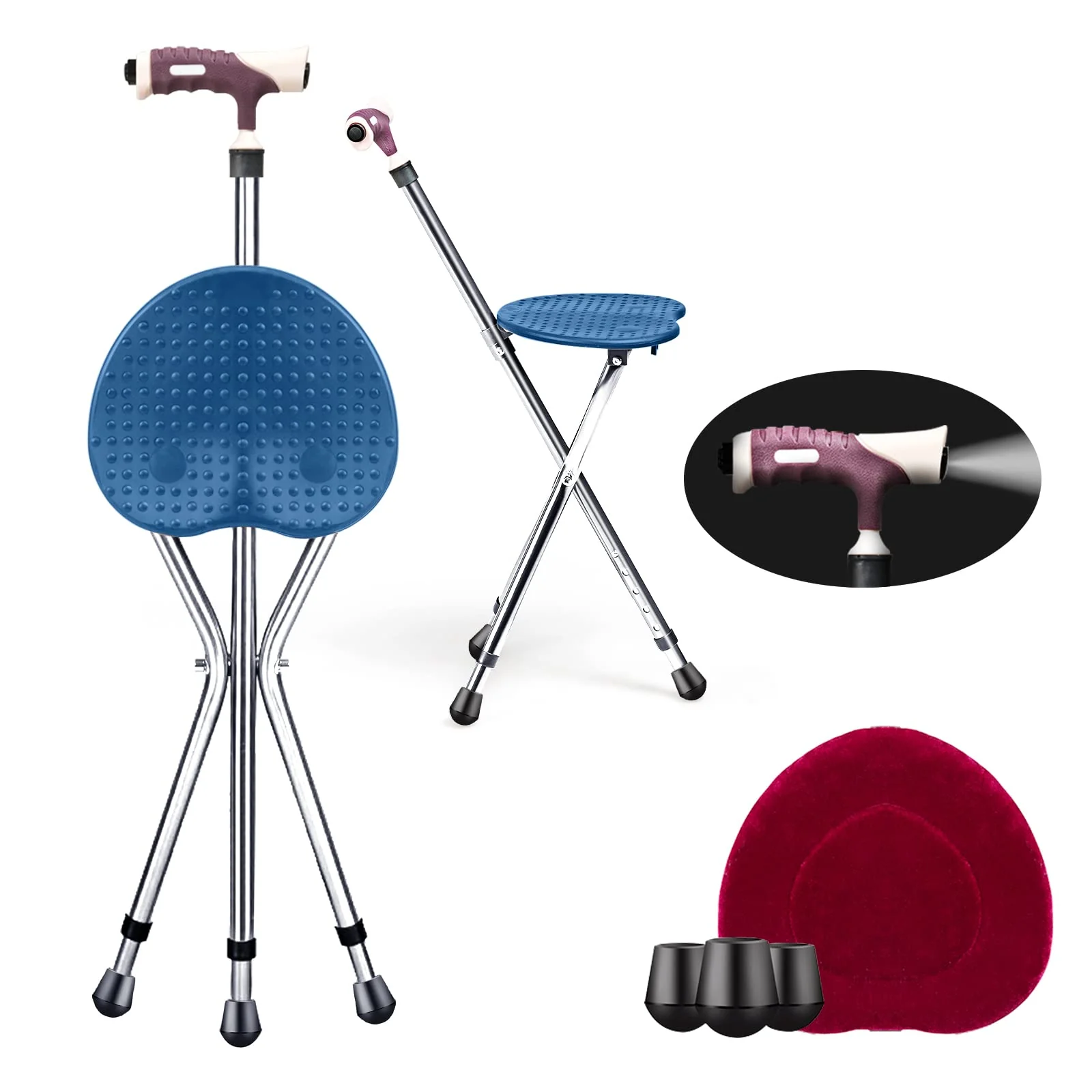 Adjustable Folding Cane Seat, Aluminum Alloy Crutch Chair with LED Light and Retractable 3 Legs - Image 8