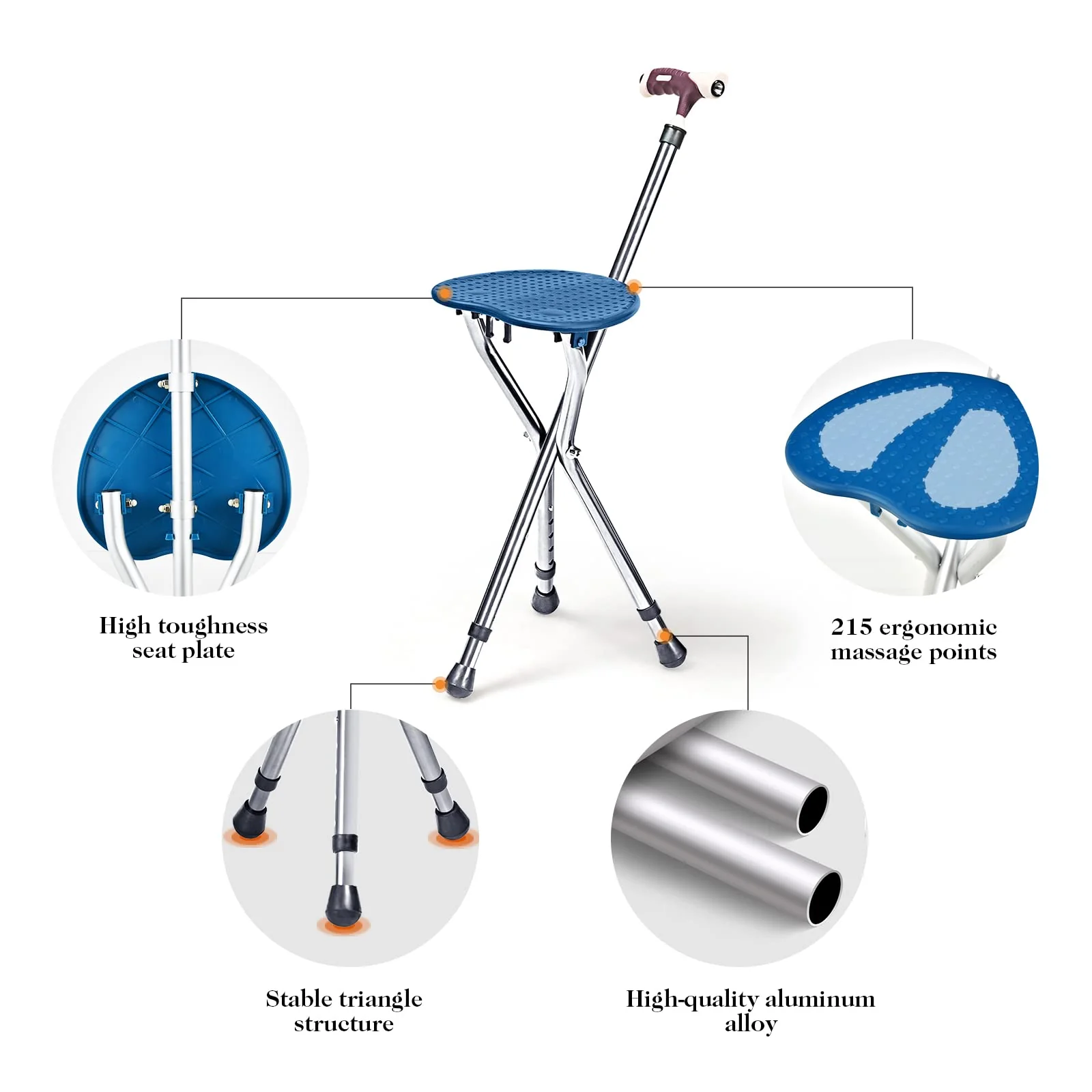 Adjustable Folding Cane Seat, Aluminum Alloy Crutch Chair with LED Light and Retractable 3 Legs - Image 9