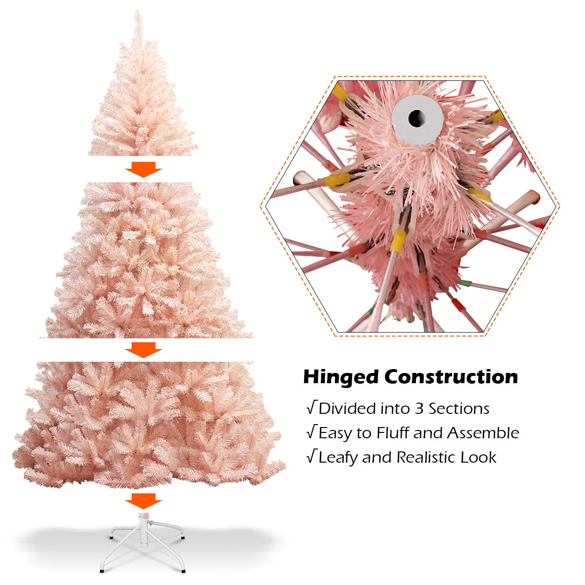 Artificial Pink Christmas Tree, 6ft/7ft Premium Unlit Hinged Spruce Full Tree - Image 6