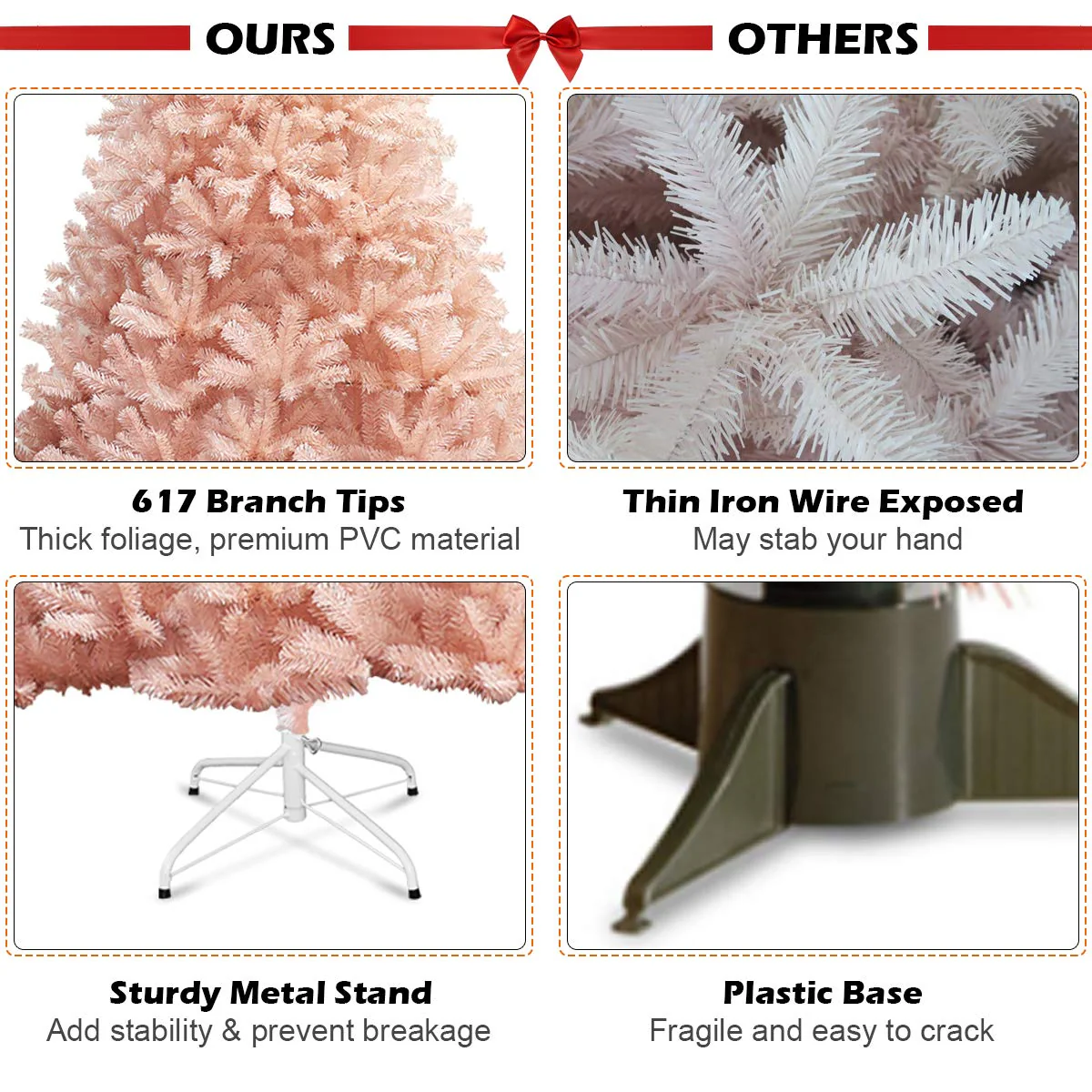 Artificial Pink Christmas Tree, 6ft/7ft Premium Unlit Hinged Spruce Full Tree - Image 7