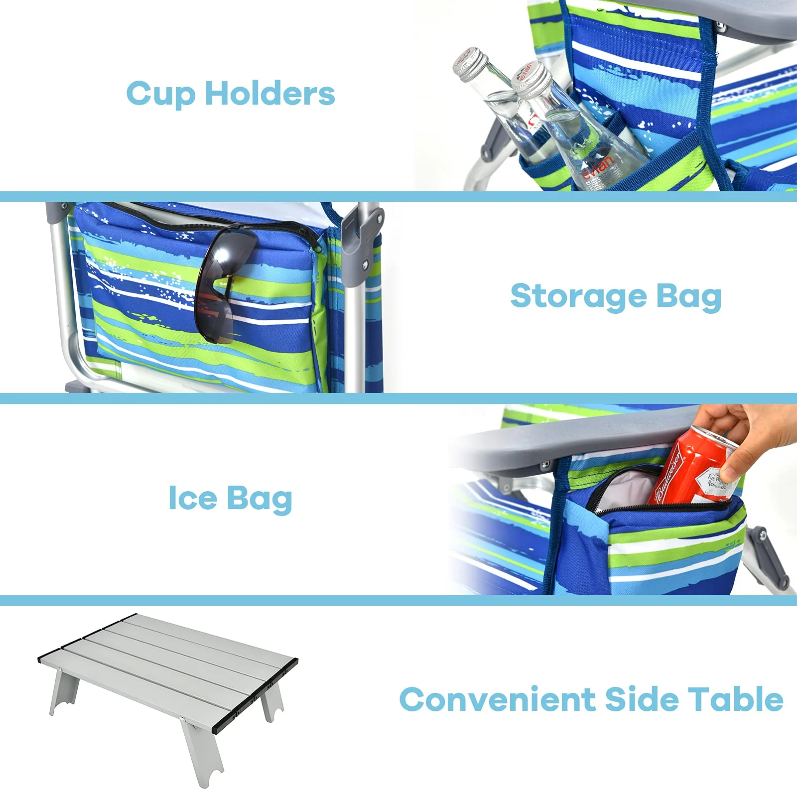 Backpack Beach Chairs, 3 Pcs Portable Camping Chairs with Cool Bag and Cup Holder - Image 4