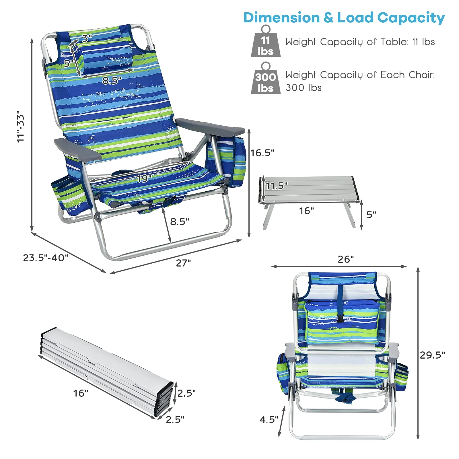 Backpack Beach Chairs, 3 Pcs Portable Camping Chairs with Cool Bag and Cup Holder - Image 7