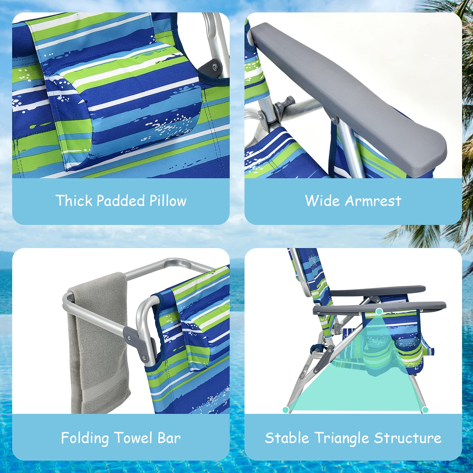 Backpack Beach Chairs, 3 Pcs Portable Camping Chairs with Cool Bag and Cup Holder - Image 9