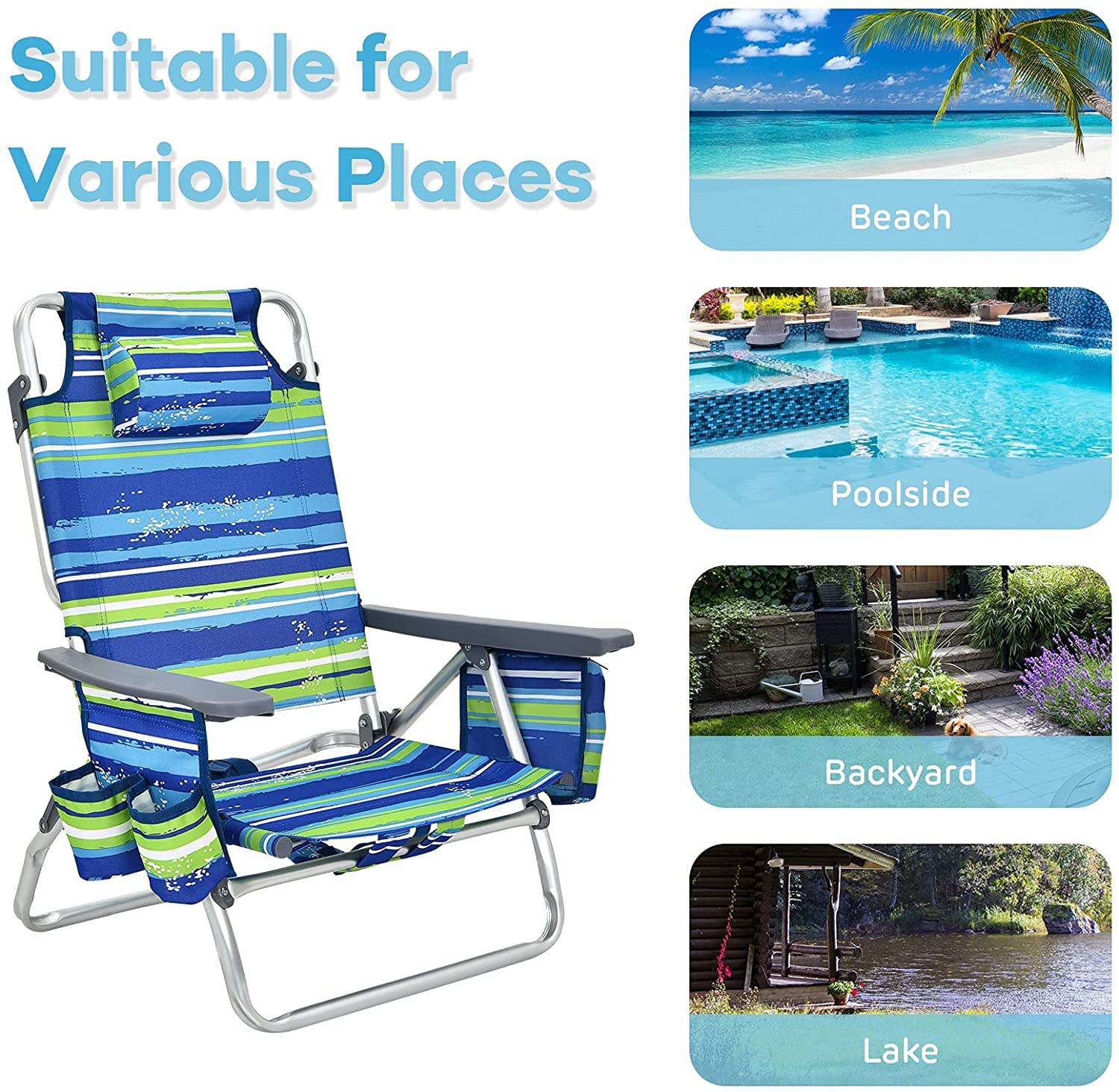 Backpack Beach Chairs, 4 Pcs Portable Camping Chairs with Cool Bag and Cup Holder, Without Side Table - Image 4