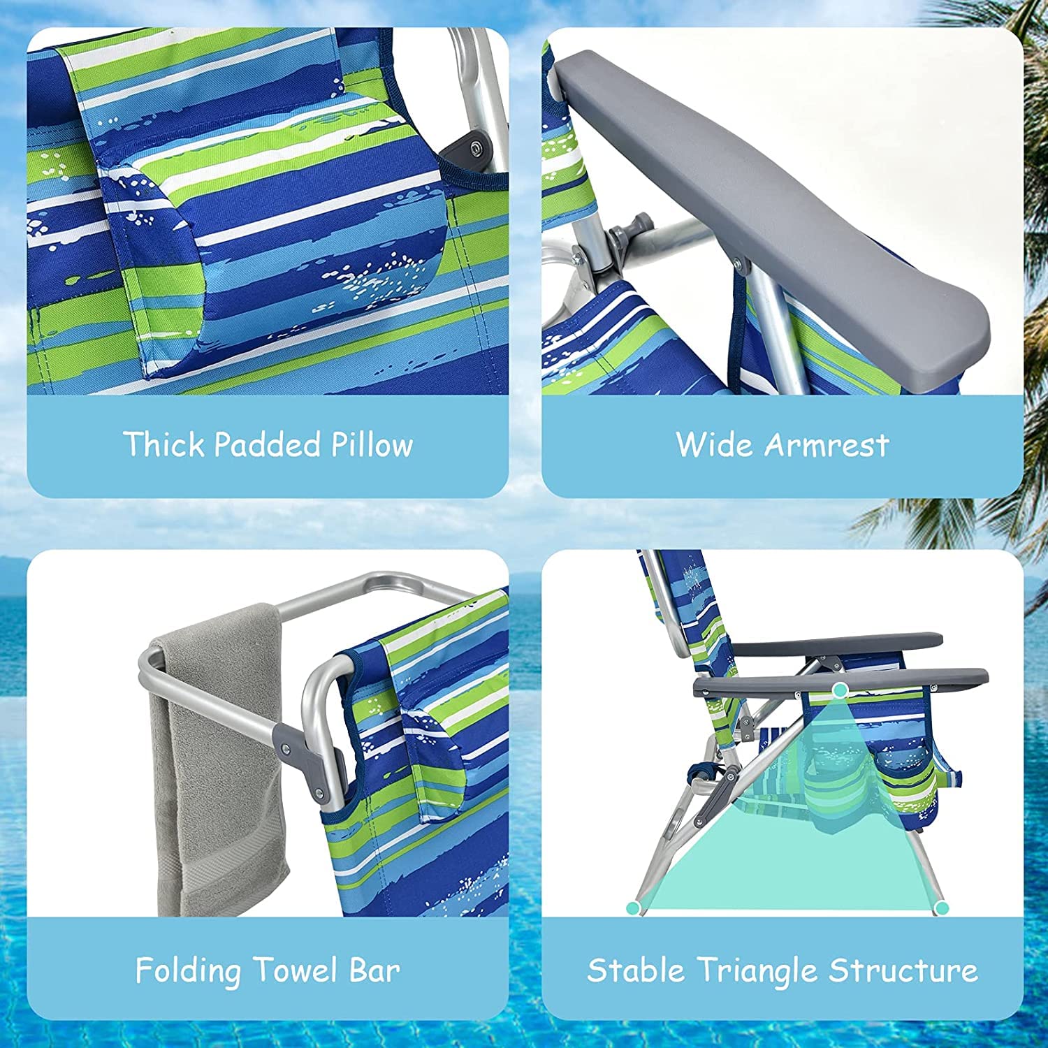 Backpack Beach Chairs, 4 Pcs Portable Camping Chairs with Cool Bag and Cup Holder, Without Side Table - Image 9