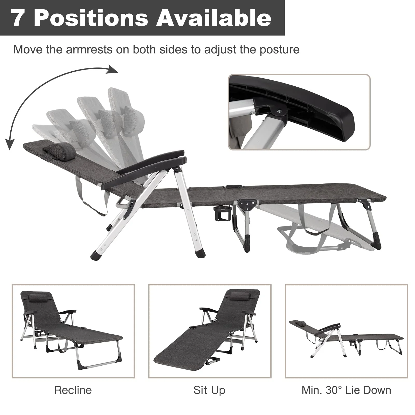 Chaise Lounge Chair, Folding Outdoor Patio Lounger with Cup Holder & Detachable Headrest - Image 4
