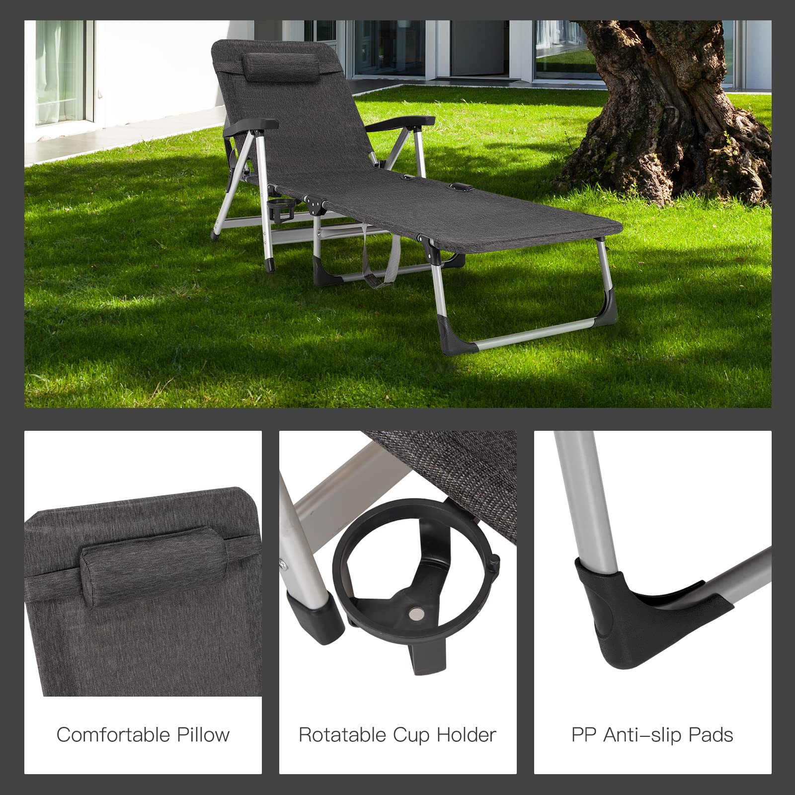 Chaise Lounge Chair, Folding Outdoor Patio Lounger with Cup Holder & Detachable Headrest - Image 7