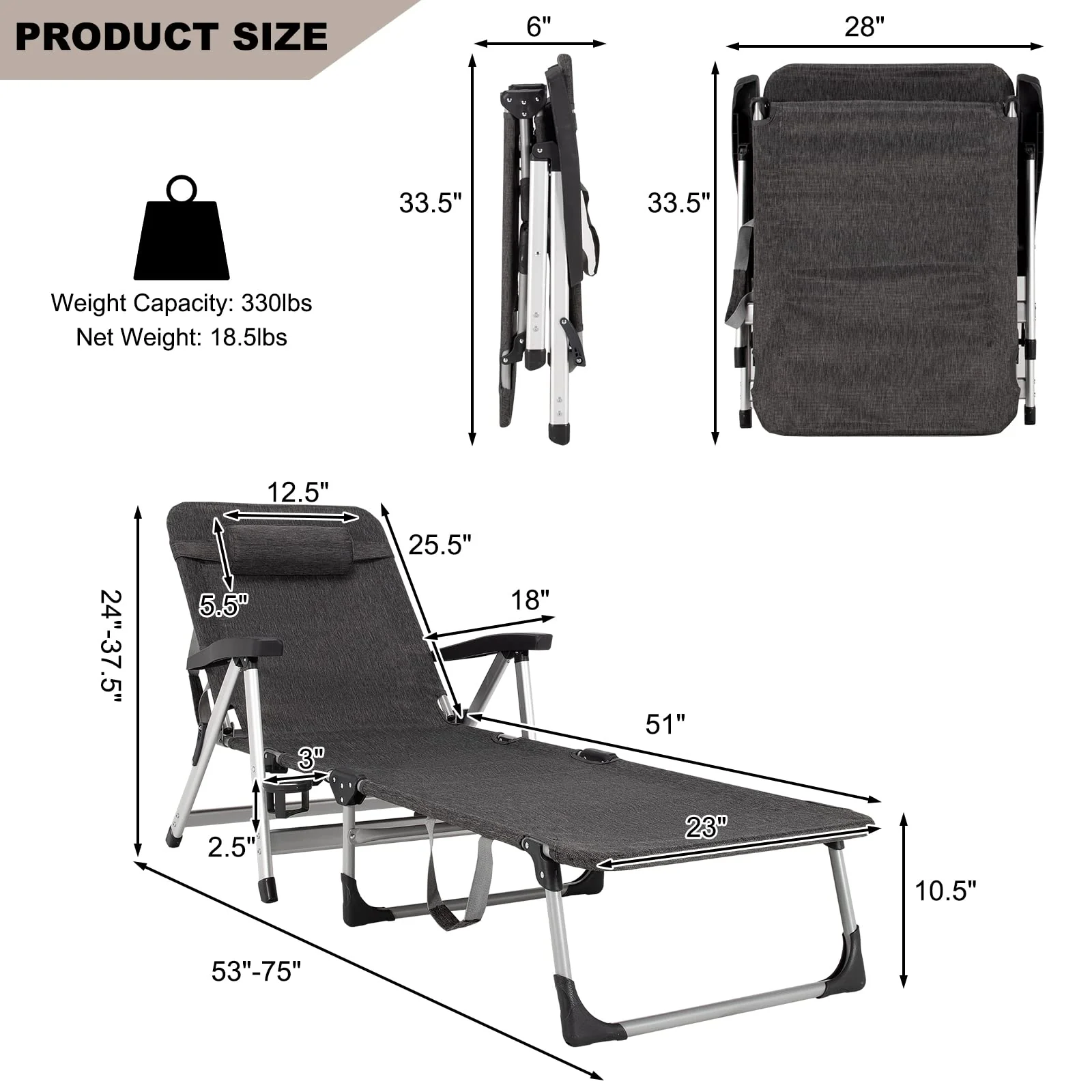 Chaise Lounge Chair, Folding Outdoor Patio Lounger with Cup Holder & Detachable Headrest - Image 9