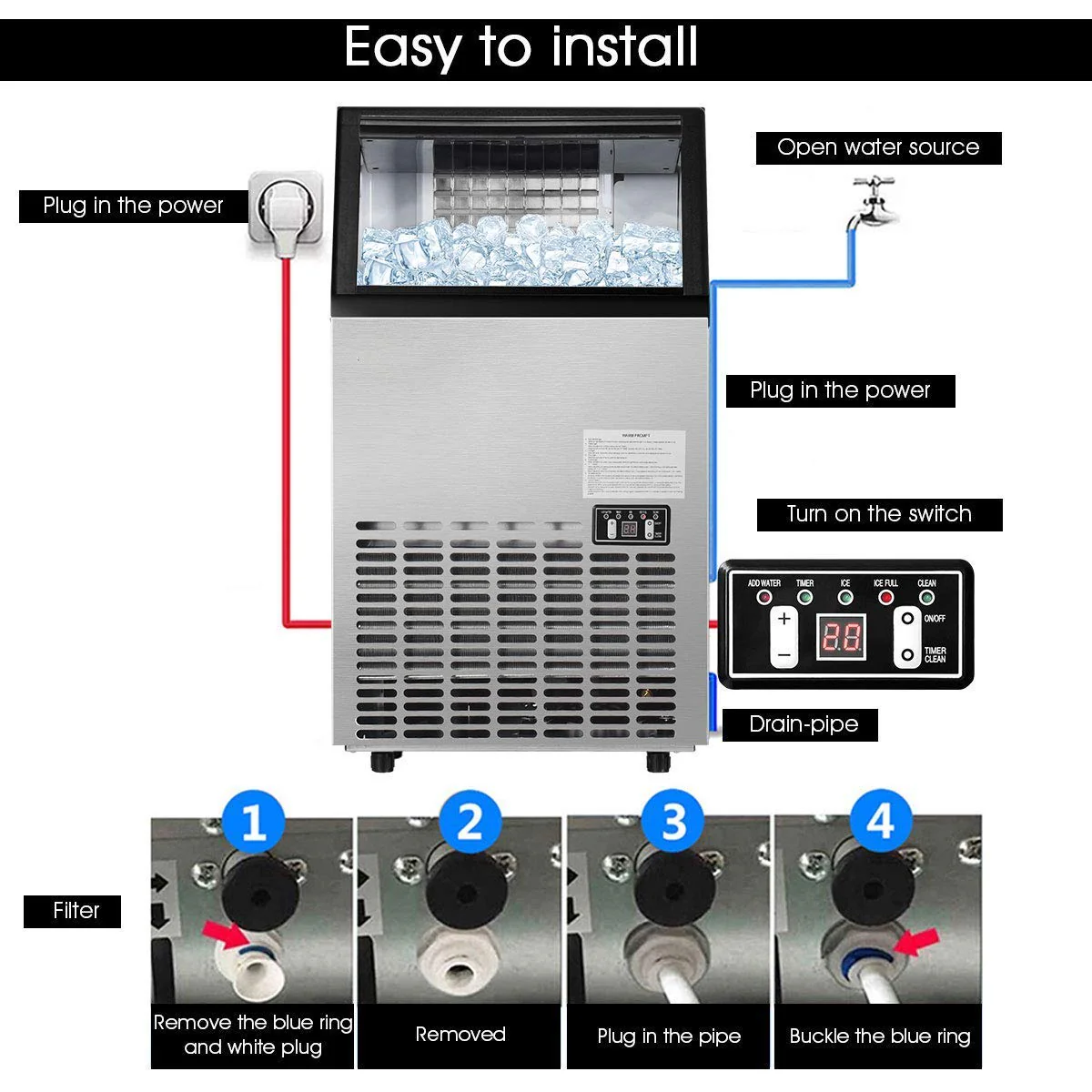 Commercial Home Ice Maker Machine, Built-in Stainless Steel Electric Ice Cube Maker, 33lbs Storage Capacity & Ice Shovel - Image 5