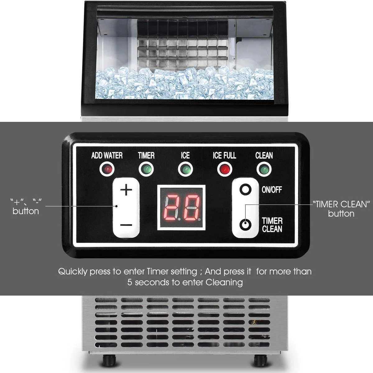Commercial Home Ice Maker Machine, Built-in Stainless Steel Electric Ice Cube Maker, 33lbs Storage Capacity & Ice Shovel - Image 6