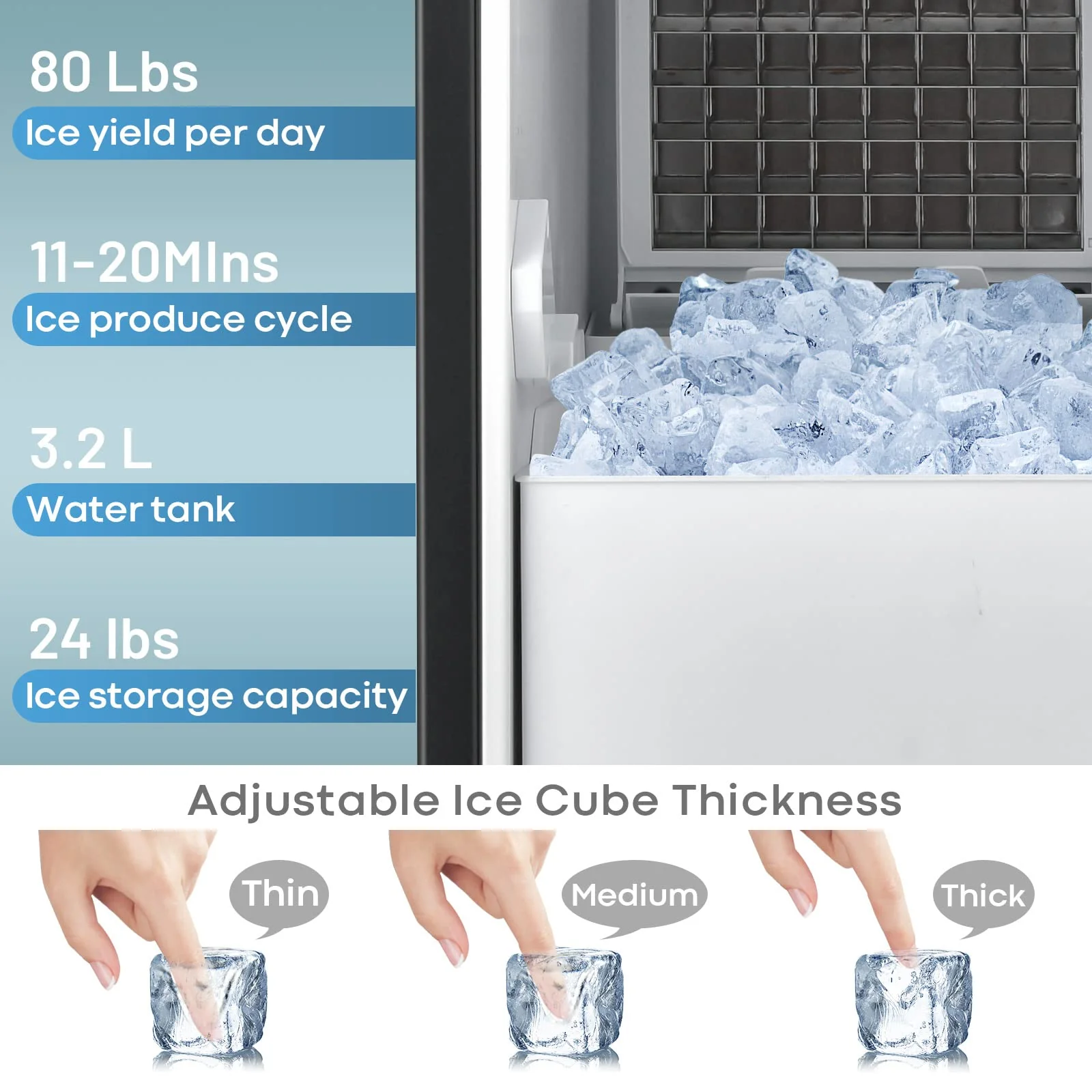 Commercial Ice Maker Machine, 80 lbs/24H Ice Cube Maker Machine with 24 lbs Storage Capacity - Image 3