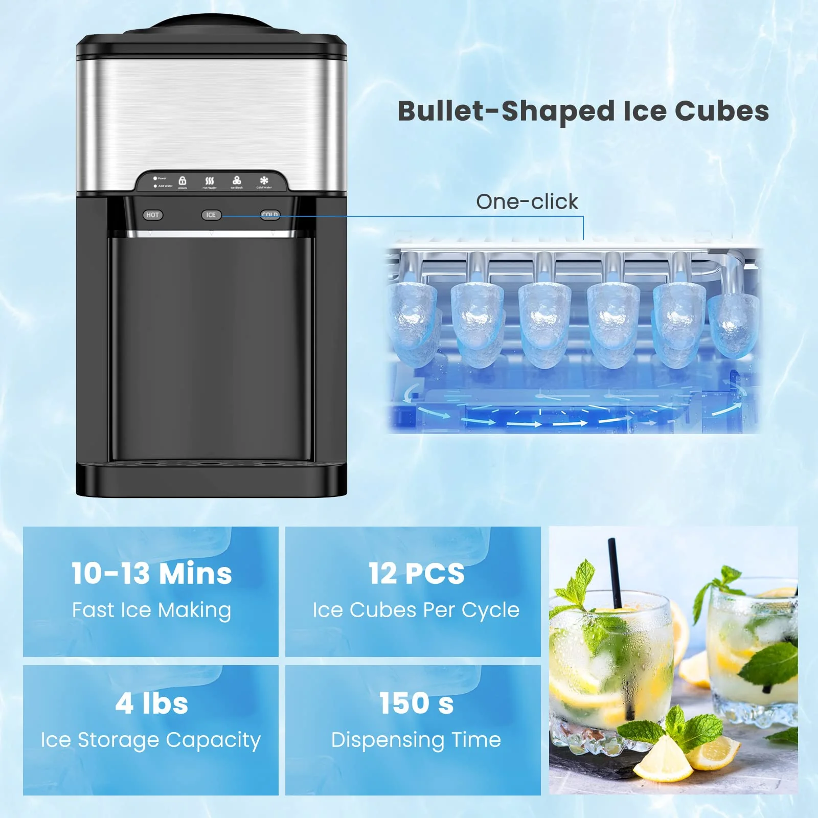 Countertop Water Cooler Dispenser with Ice Maker, 3 in 1 Top-Loading Hot & Cold Water Dispenser 5 Gallon - Image 3