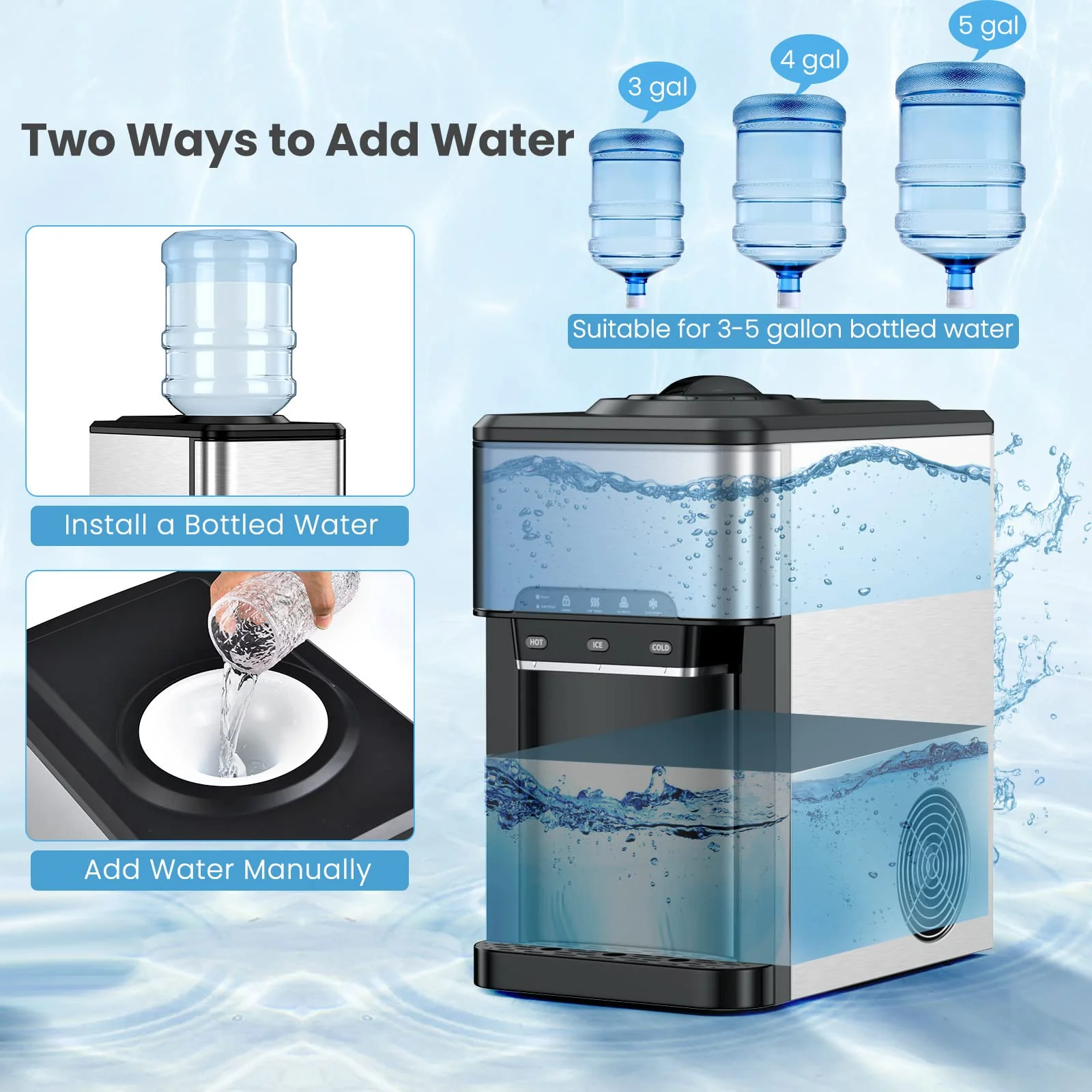 Countertop Water Cooler Dispenser with Ice Maker, 3 in 1 Top-Loading Hot & Cold Water Dispenser 5 Gallon - Image 4
