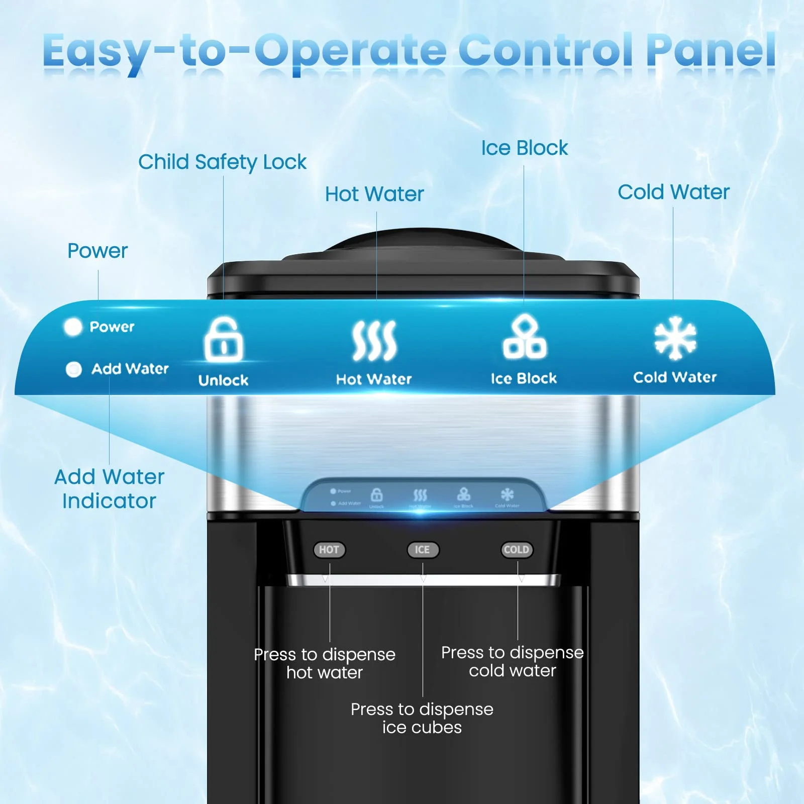 Countertop Water Cooler Dispenser with Ice Maker, 3 in 1 Top-Loading Hot & Cold Water Dispenser 5 Gallon - Image 5