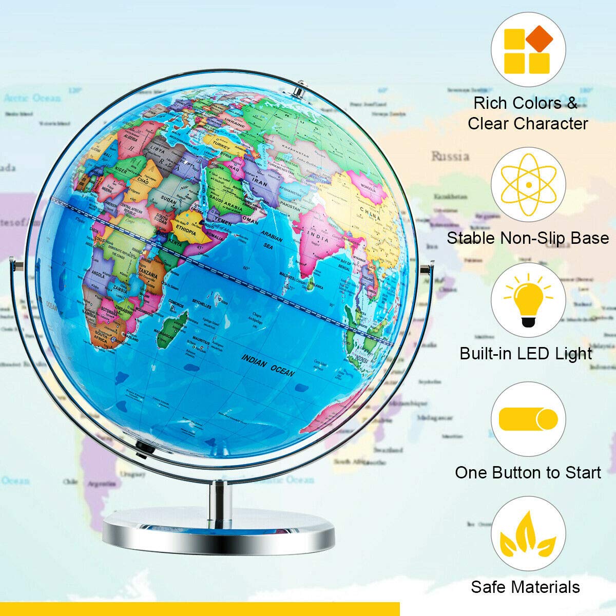 Desktop World Globe, Educational Geographic World Globe with LED Lights - Image 5