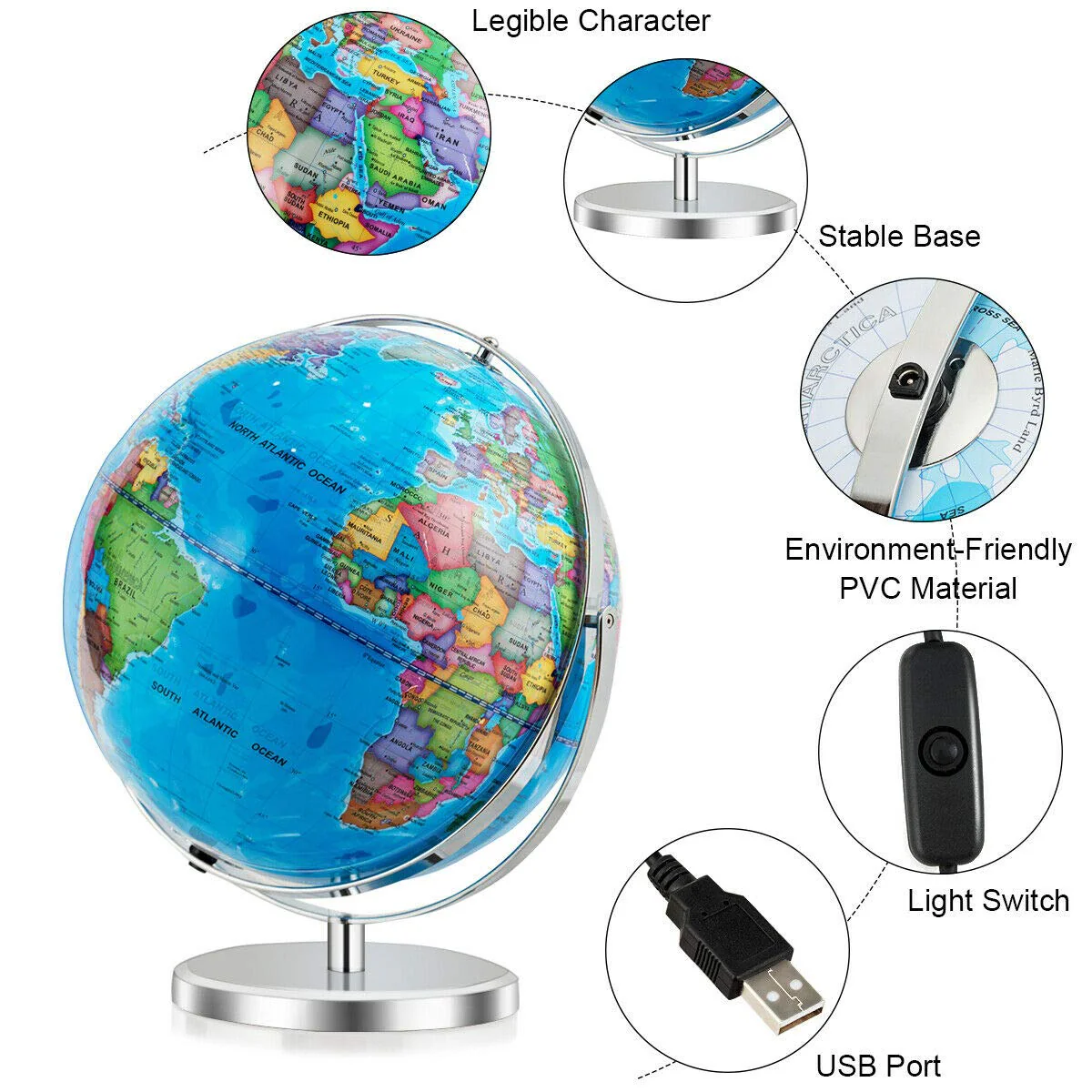 Desktop World Globe, Educational Geographic World Globe with LED Lights - Image 7