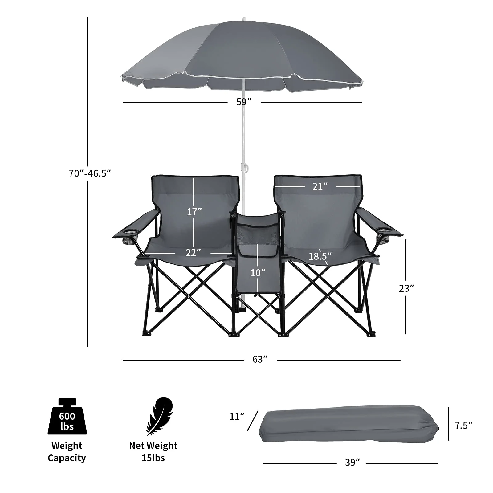 Double Folding Picnic Chairs Umbrella Mini Table Beverage Holder Carrying Bag - Image 10