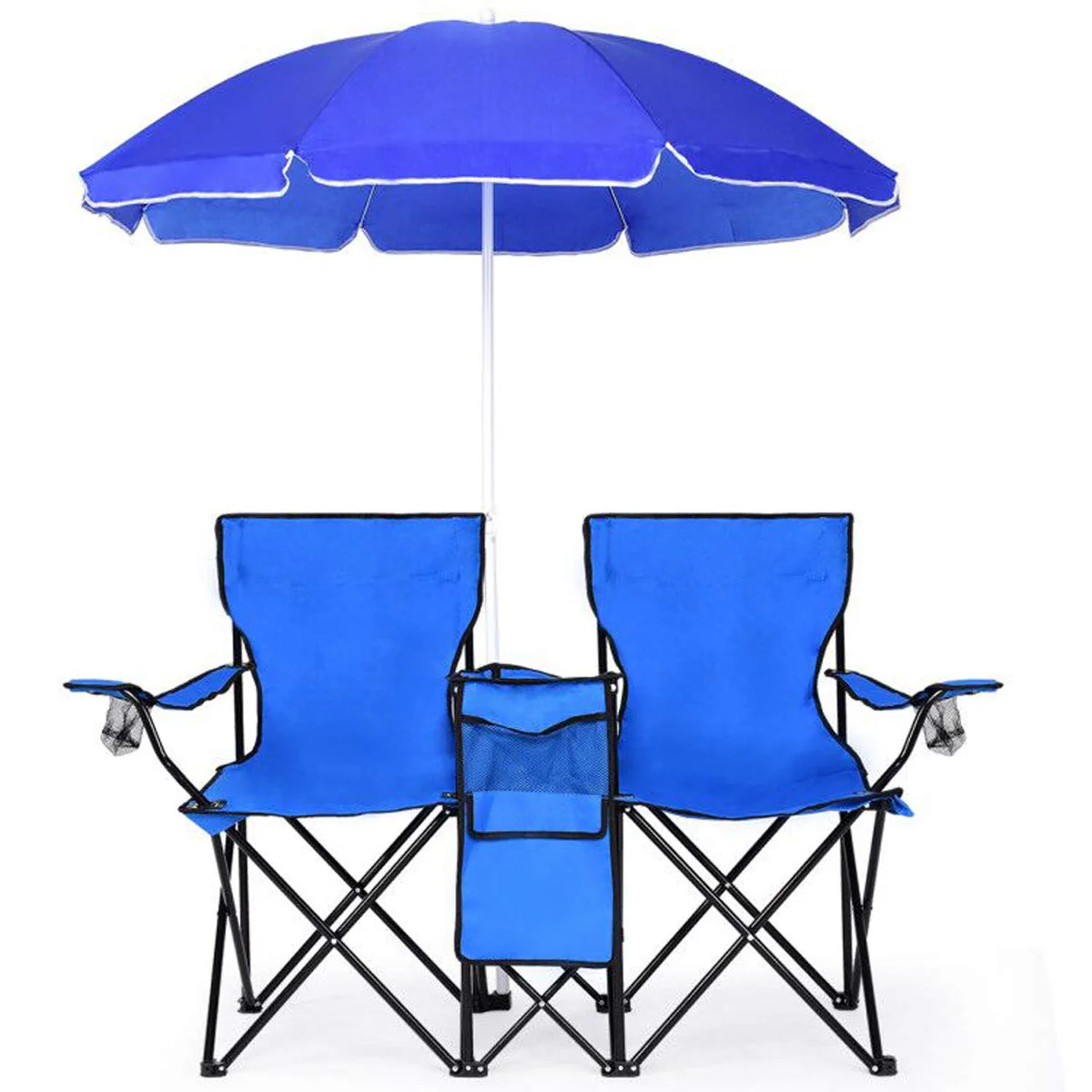 Double Folding Picnic Chairs Umbrella Mini Table Beverage Holder Carrying Bag - Image 11