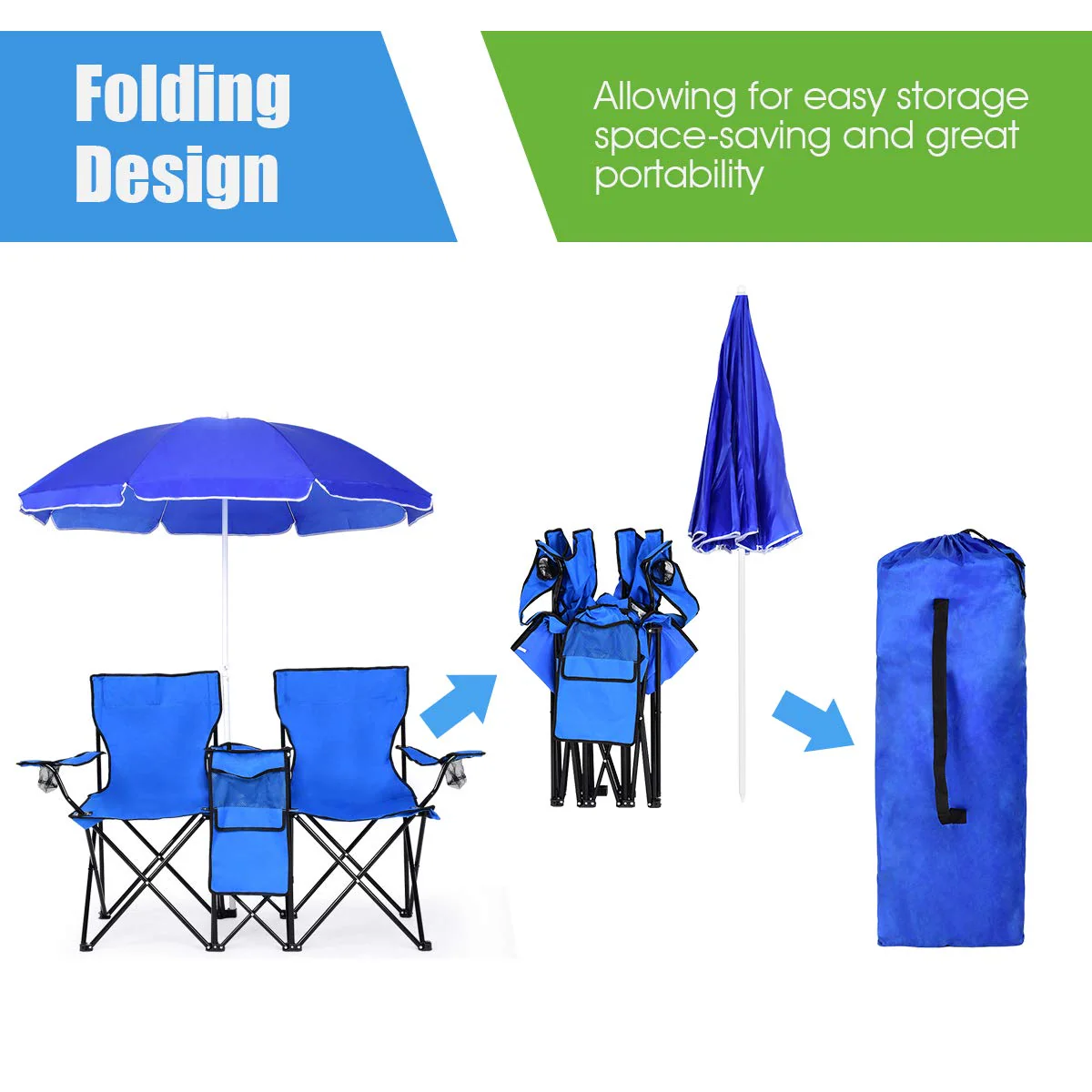 Double Folding Picnic Chairs Umbrella Mini Table Beverage Holder Carrying Bag - Image 15