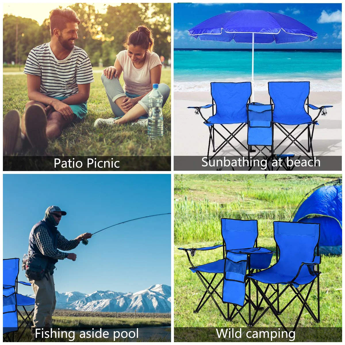 Double Folding Picnic Chairs Umbrella Mini Table Beverage Holder Carrying Bag - Image 18
