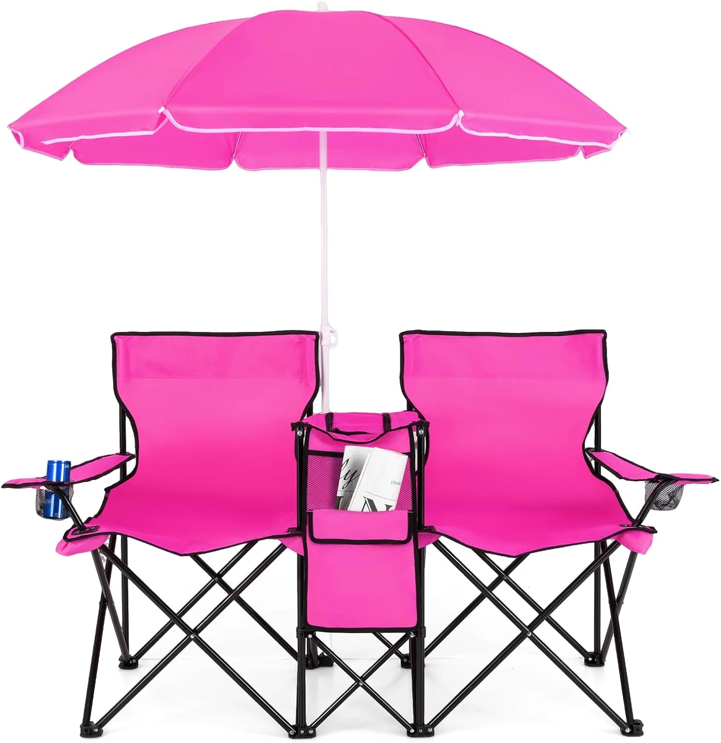 Double Folding Picnic Chairs Umbrella Mini Table Beverage Holder Carrying Bag - Image 22