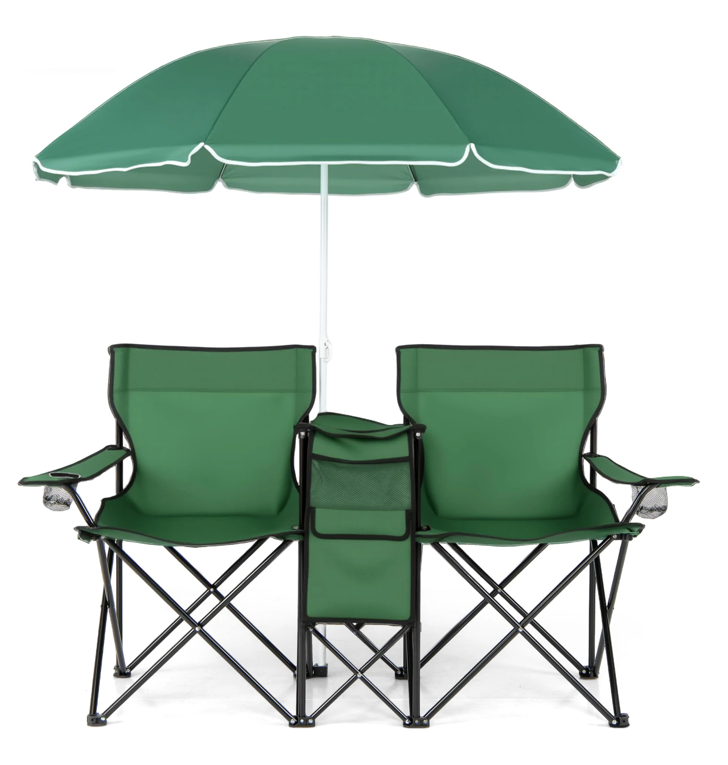 Double Folding Picnic Chairs Umbrella Mini Table Beverage Holder Carrying Bag - Image 23