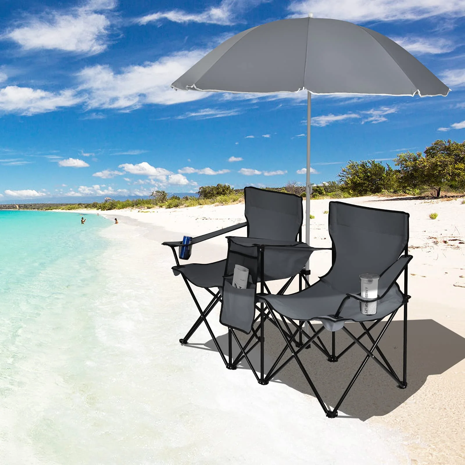 Double Folding Picnic Chairs Umbrella Mini Table Beverage Holder Carrying Bag - Image 4