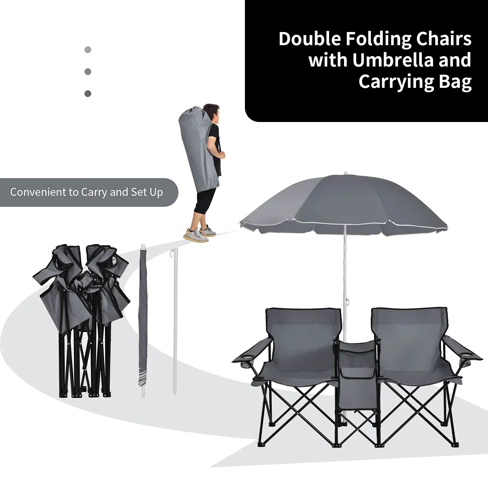 Double Folding Picnic Chairs Umbrella Mini Table Beverage Holder Carrying Bag - Image 8