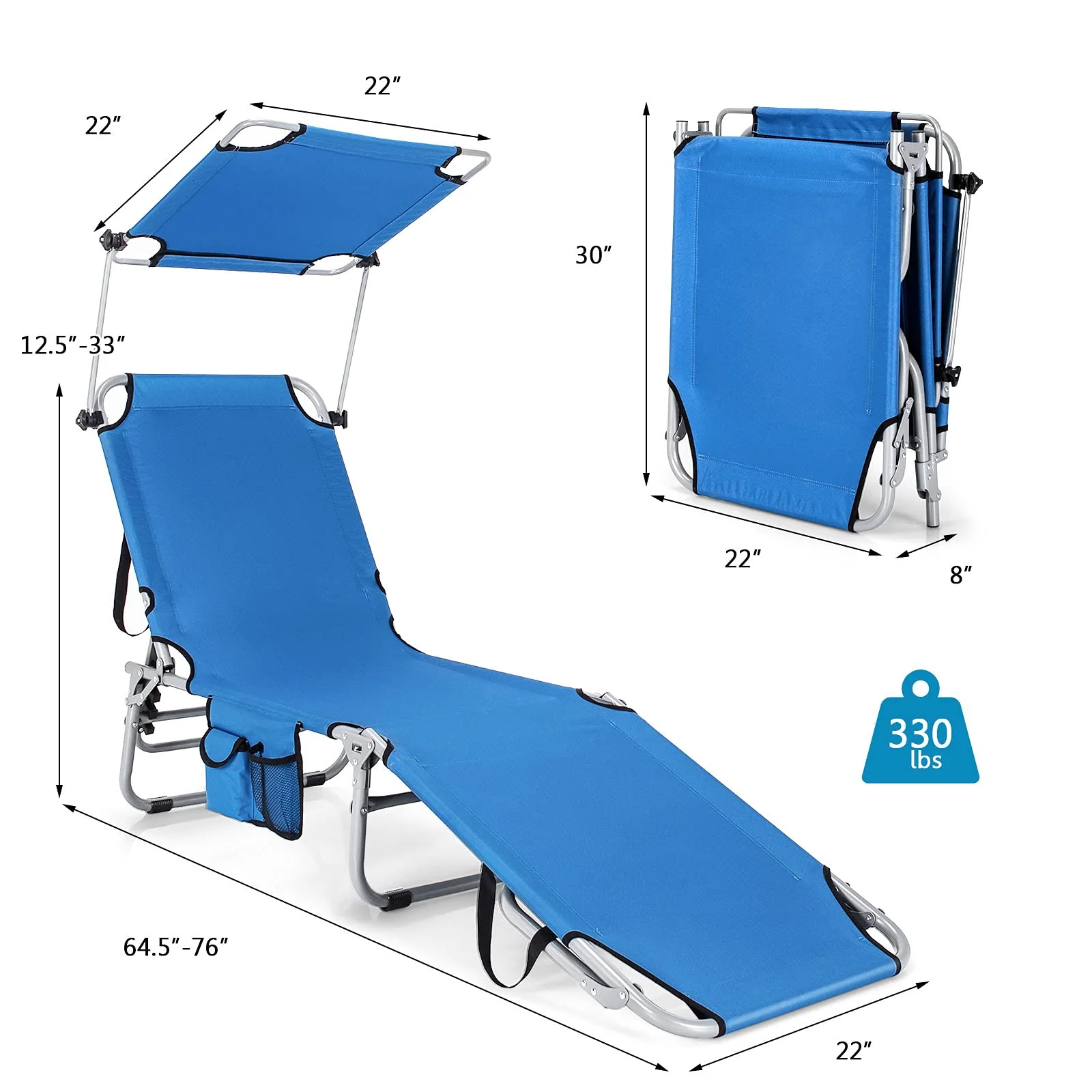 Folding Lounge Chair w/Shade Canopy and Storage Pocket - Image 15