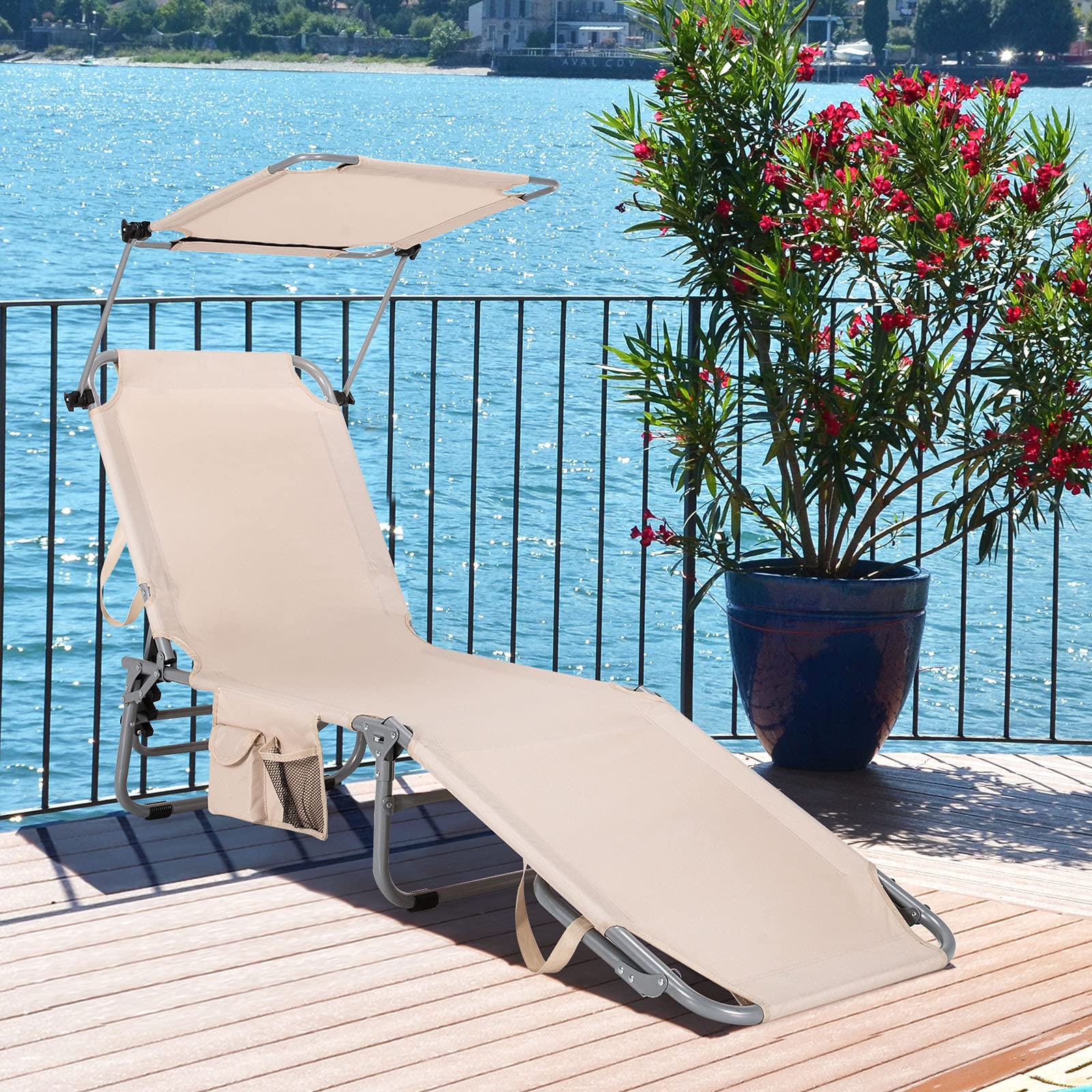 Folding Lounge Chair w/Shade Canopy and Storage Pocket - Image 3