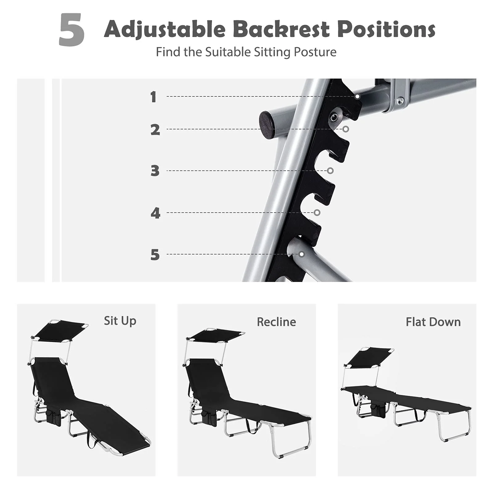 Folding Lounge Chair w/Shade Canopy and Storage Pocket - Image 6