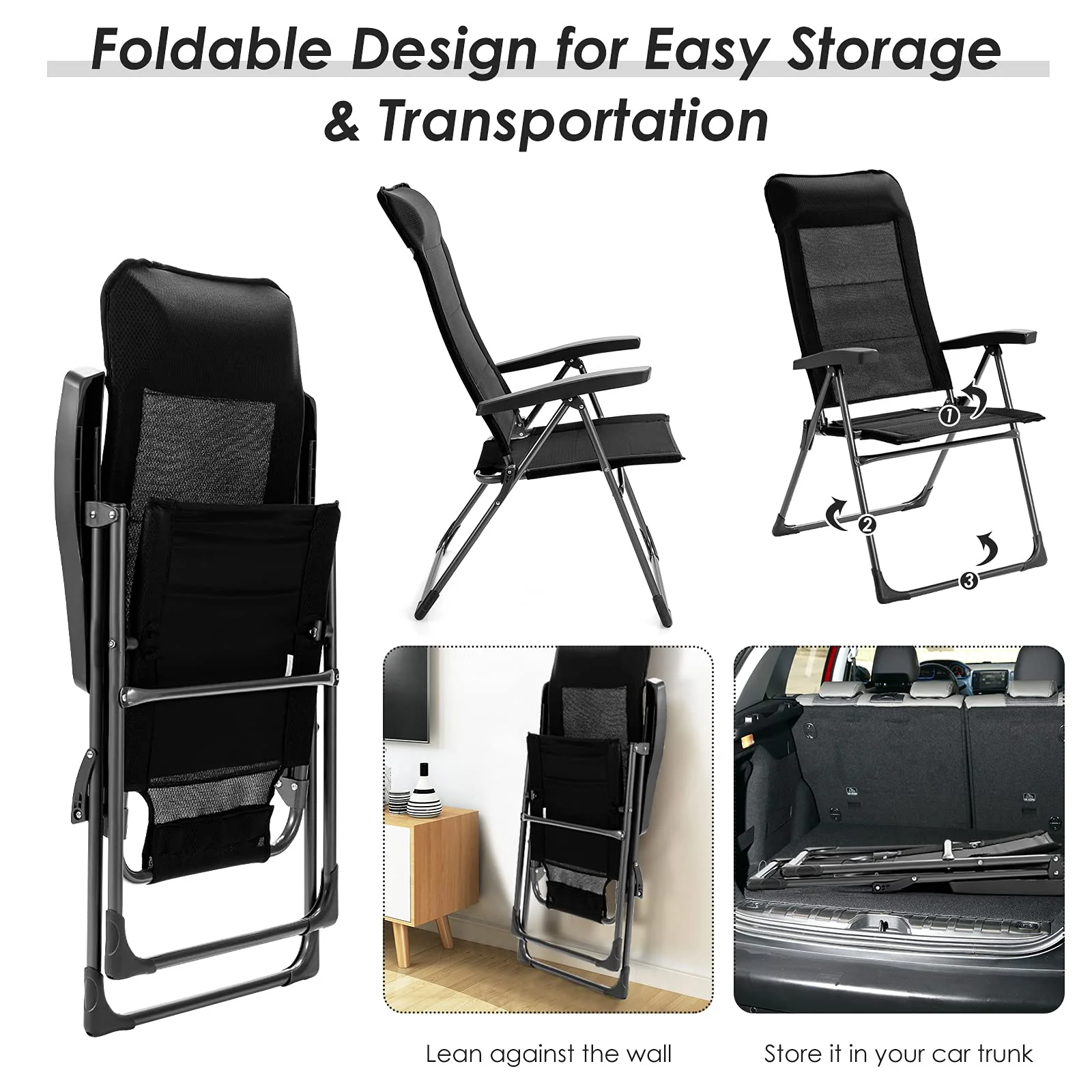 Folding Patio Sling Chairs, Portable Dining Chair with Headrest - Image 7