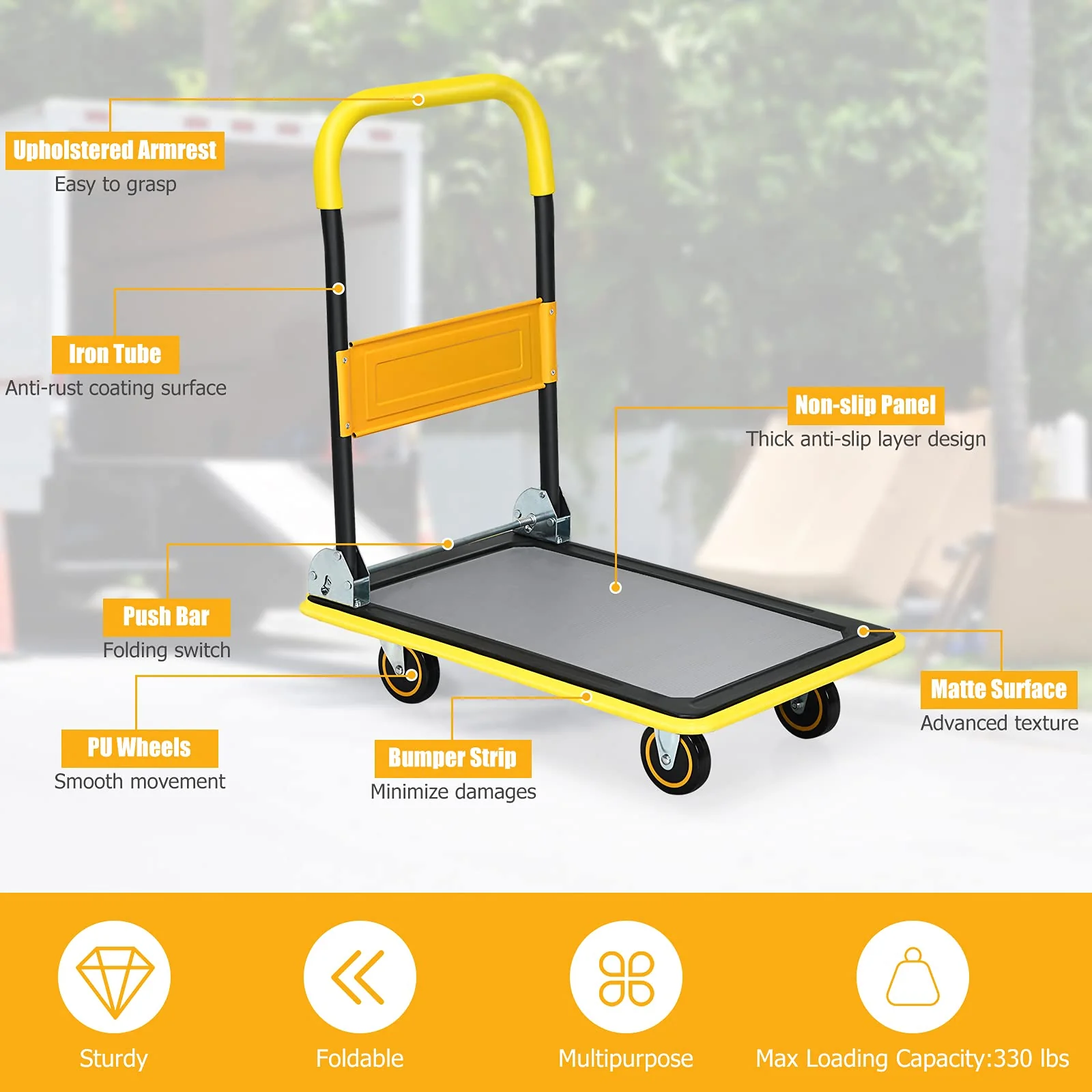 Folding Platform Cart, 330LBS Rolling Flatbed Cart Hand Platform Truck Push Dolly for Loading, Yellow - Image 3