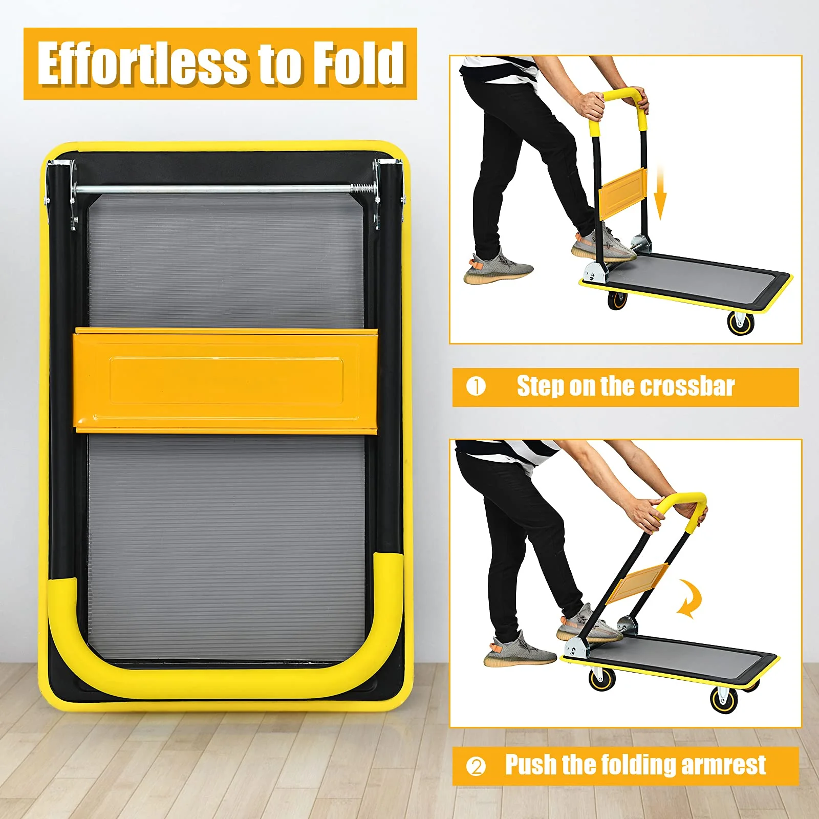 Folding Platform Cart, 330LBS Rolling Flatbed Cart Hand Platform Truck Push Dolly for Loading, Yellow - Image 4