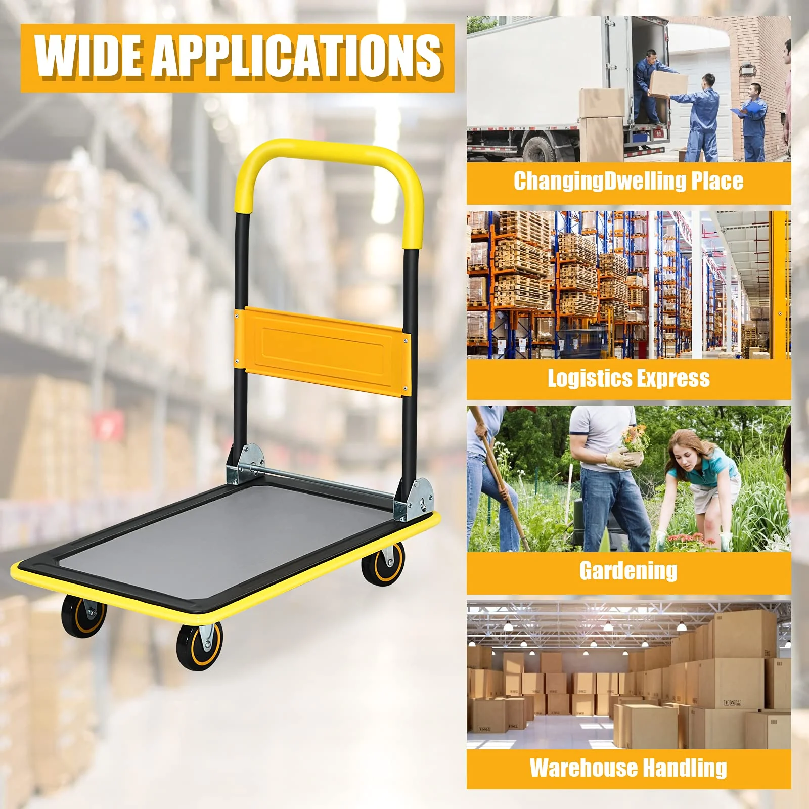 Folding Platform Cart, 330LBS Rolling Flatbed Cart Hand Platform Truck Push Dolly for Loading, Yellow - Image 7